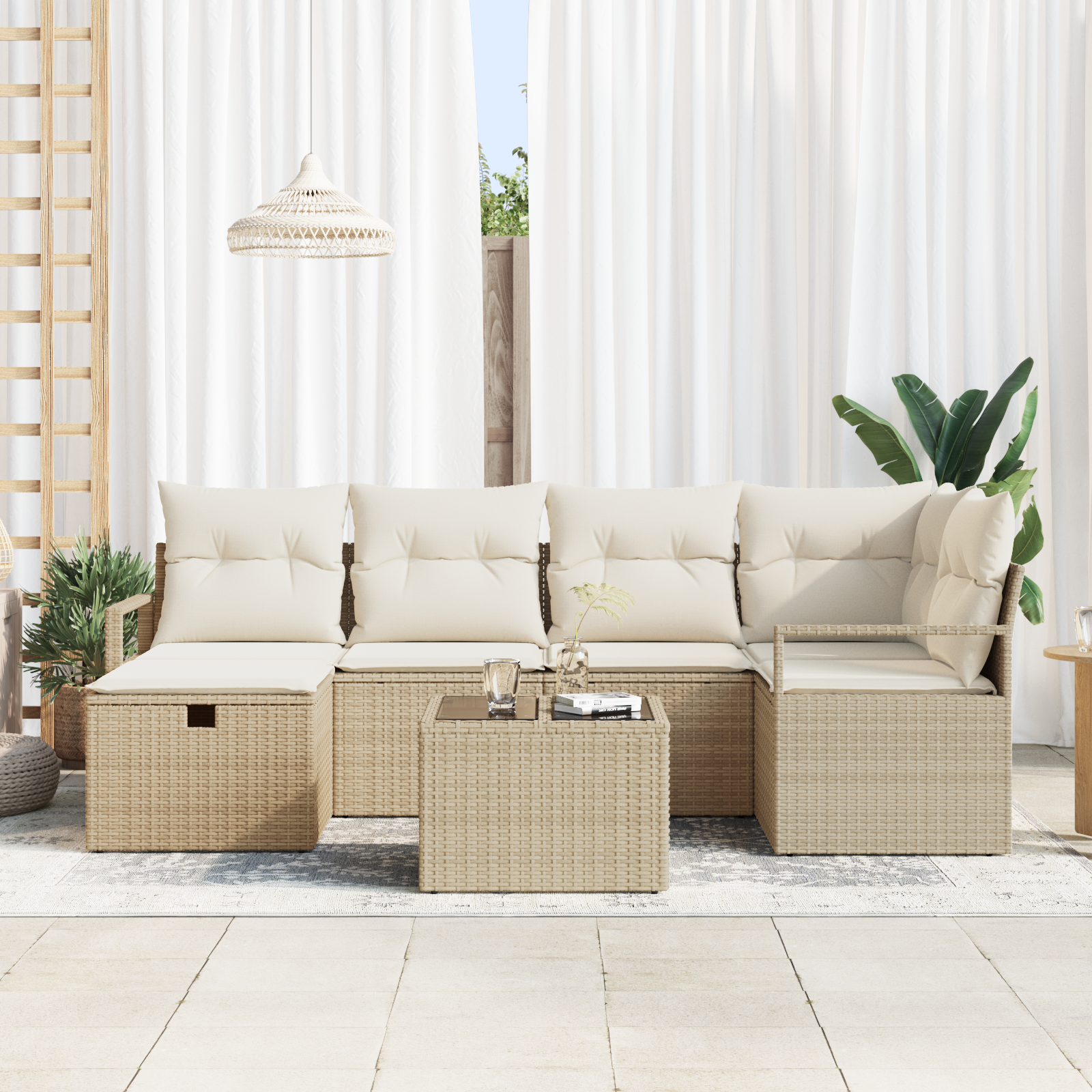 vidaXL 7-delige Tuinbankenset met kussens poly rattan beige