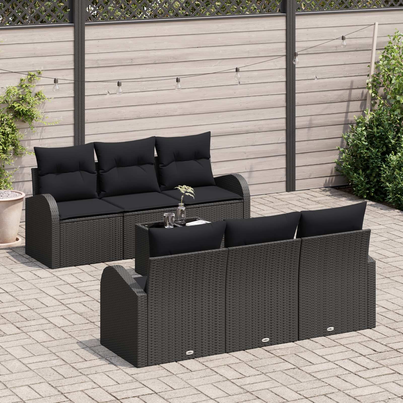 vidaXL 7-delige tuinset met kussens Zwart Poly Rattan