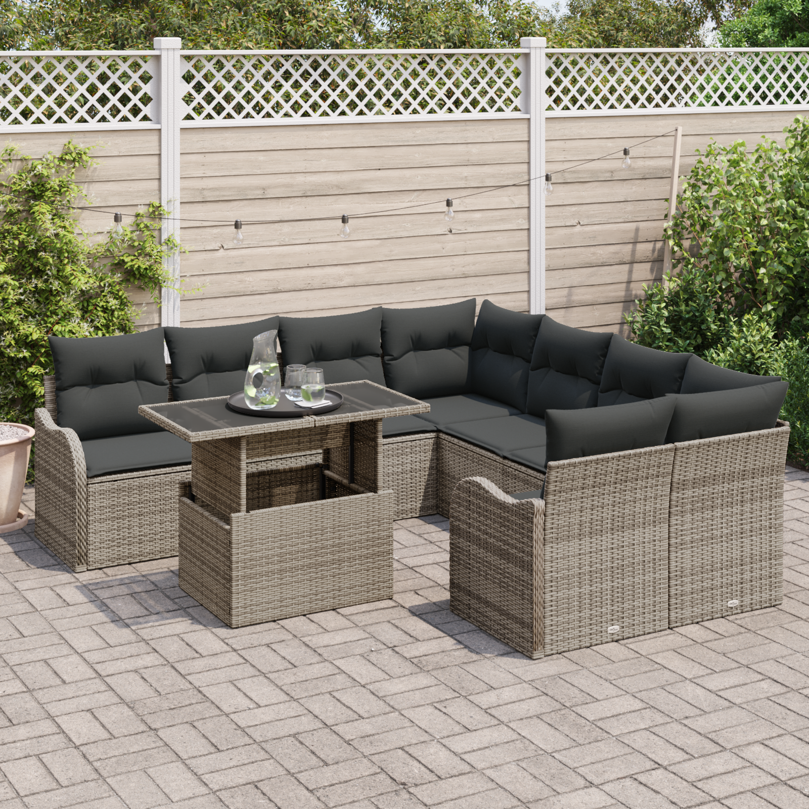 vidaXL 9-delige Tuinbankenset met kussens poly rattan grijs