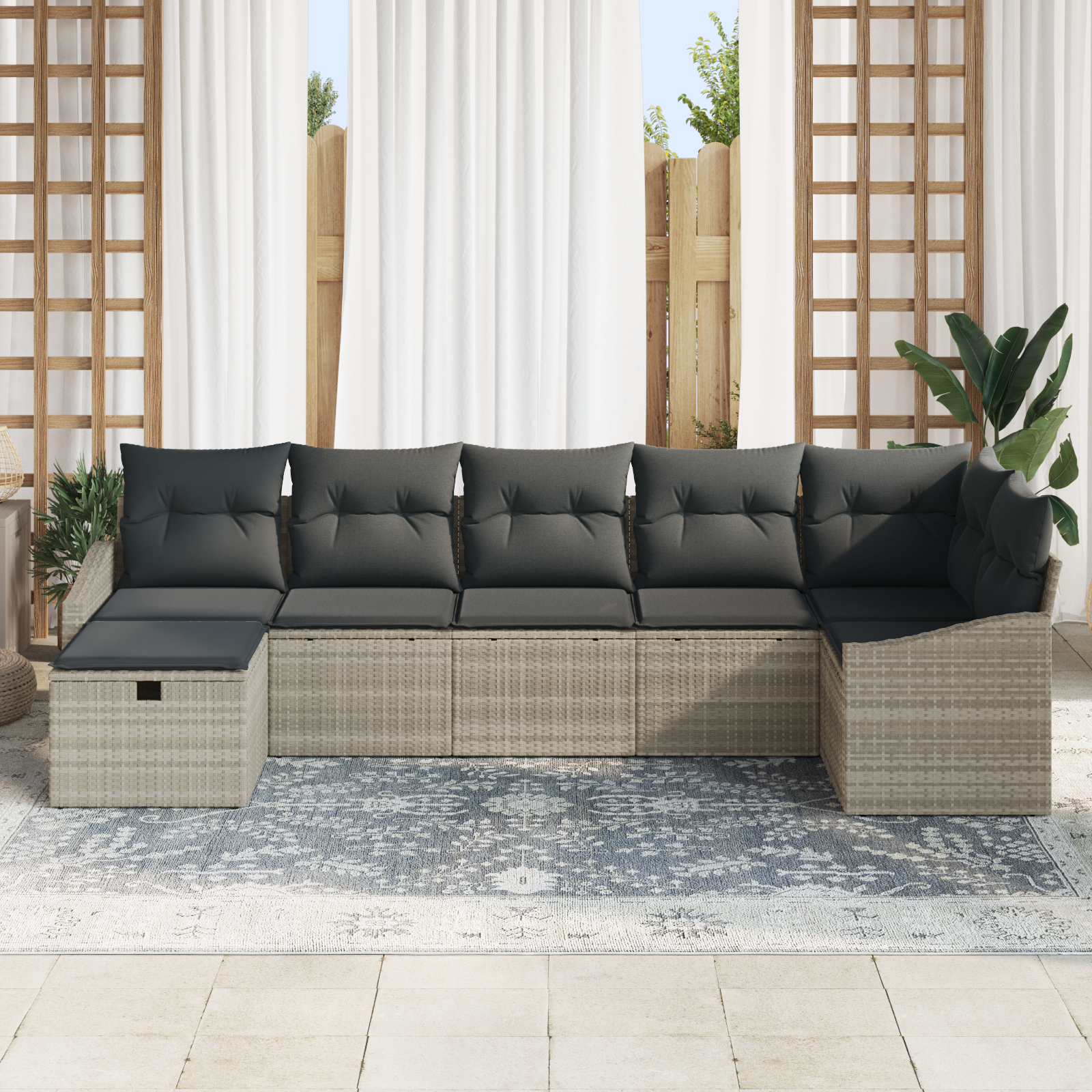 vidaXL 7-delige Tuinbankenset met kussens poly rattan lichtgrijs