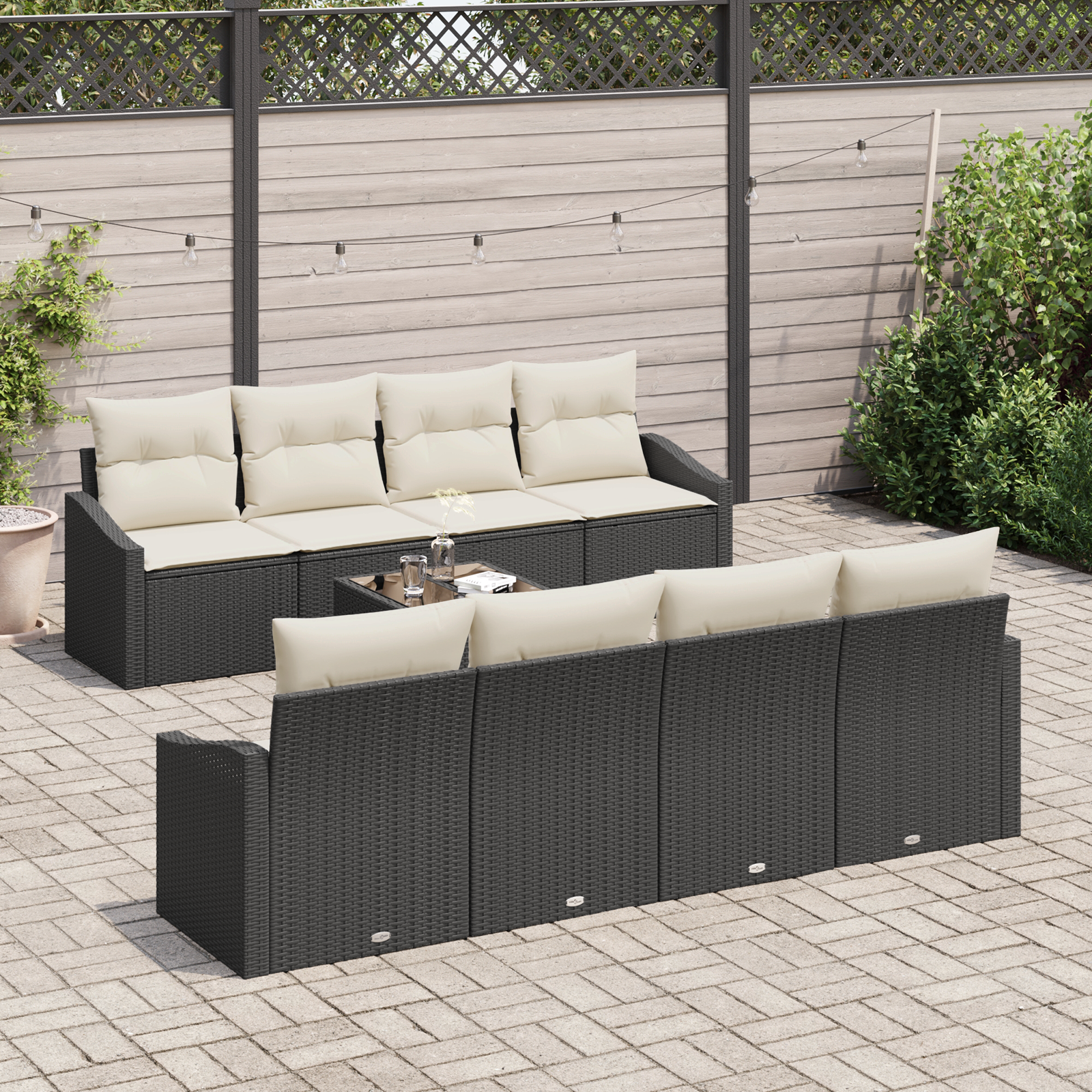 vidaXL 7-delige Tuinbankenset met kussens poly rattan zwart