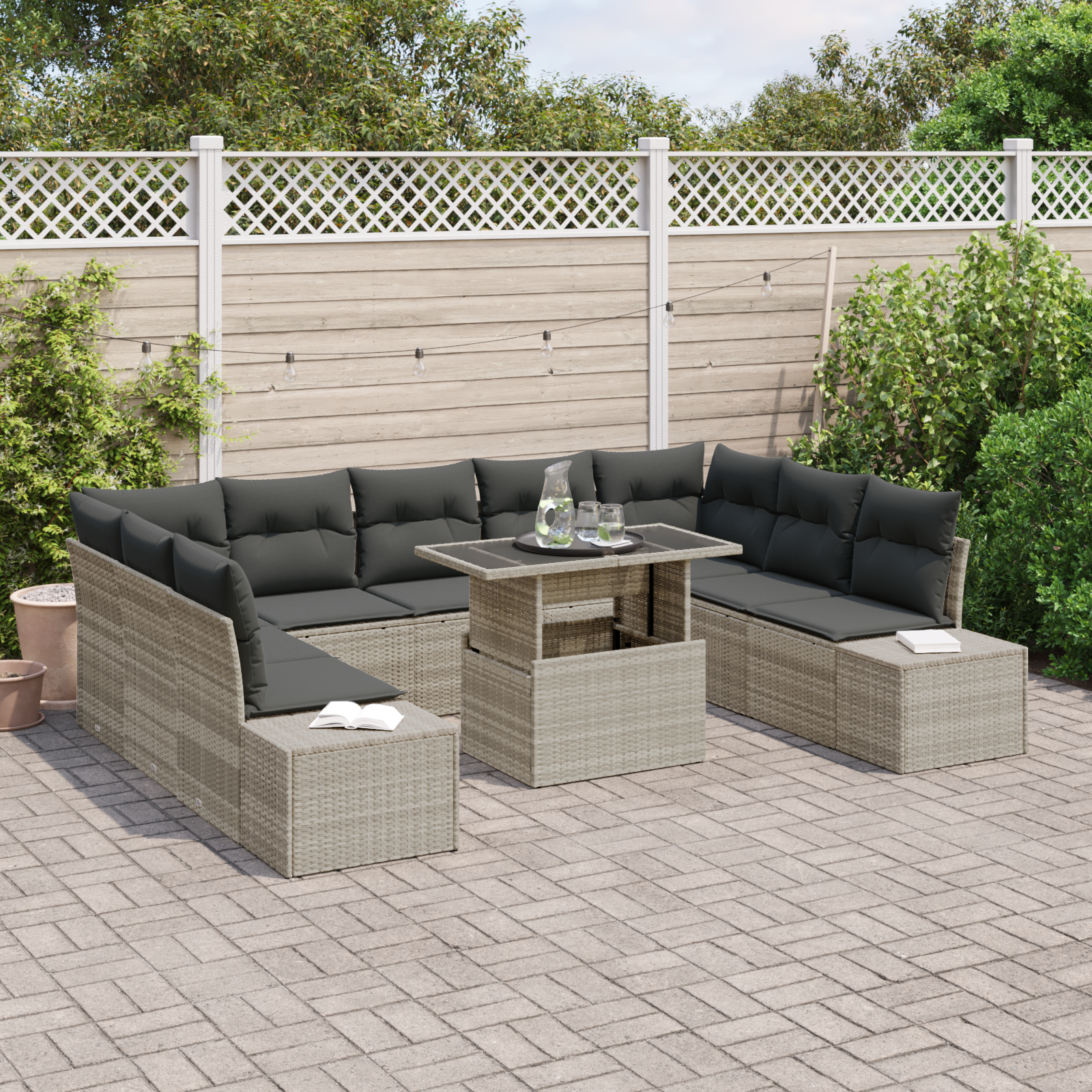 vidaXL 10-delige Tuinbankenset met kussens poly rattan lichtgrijs