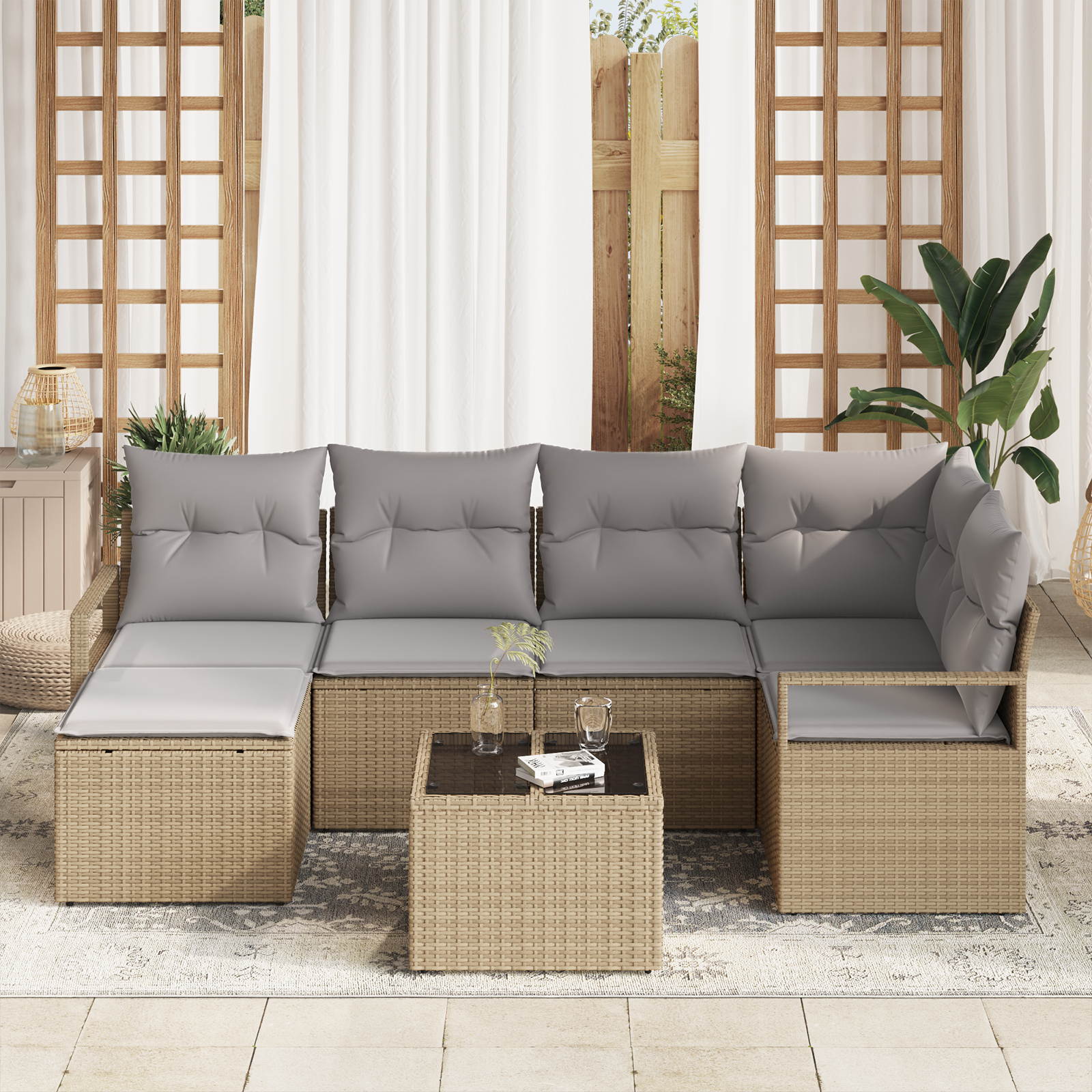 vidaXL 7-delige tuinset met kussens in zwart poly rattan