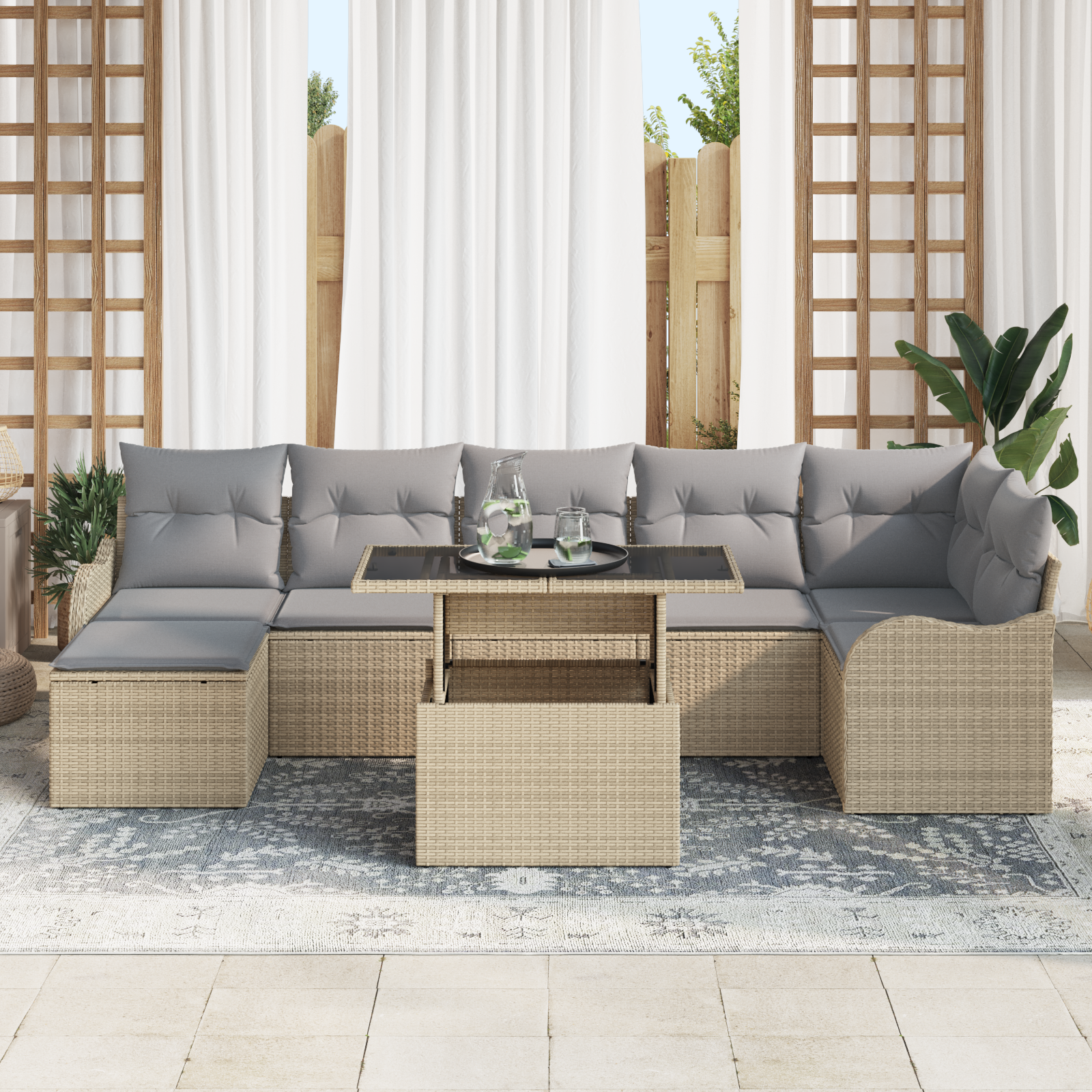 vidaXL 8-delige Tuinbankenset met kussens poly rattan beige