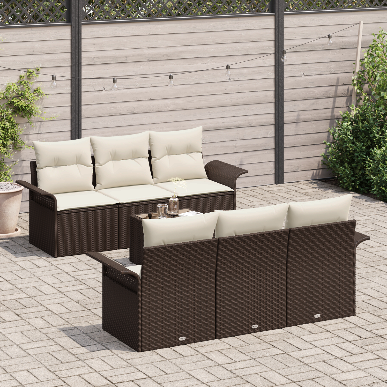 vidaXL 7-delige Tuinbankenset met kussens poly rattan bruin