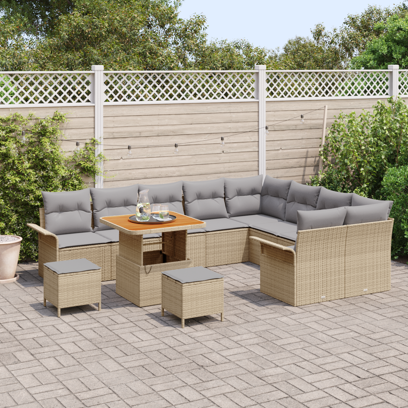 vidaXL 12-delige tuinbankset met kussens in beige poly rattan en acacia hout