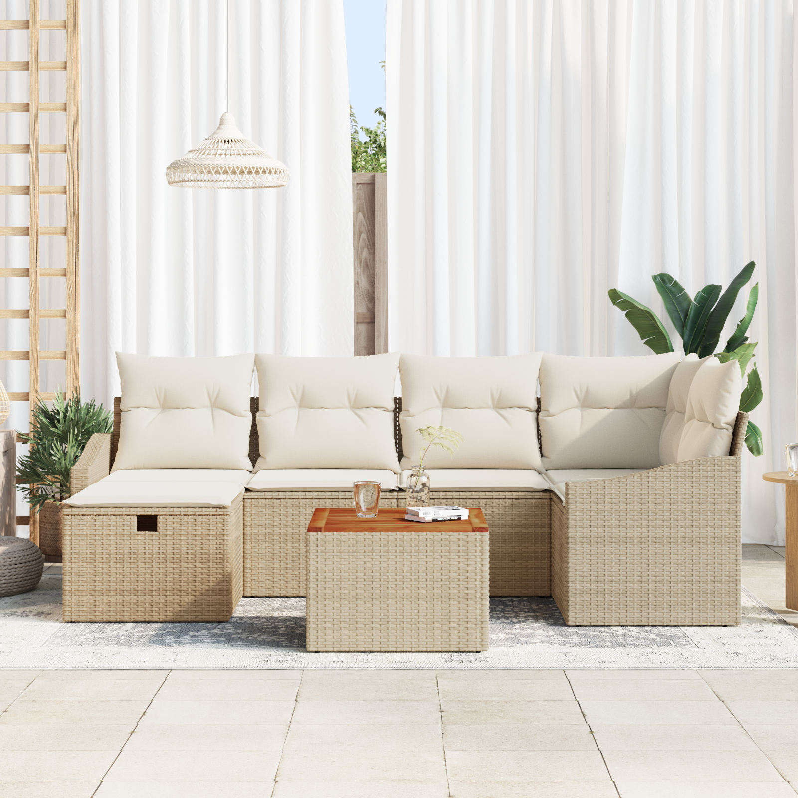 vidaXL 7-delige tuinset met kussens Beige Poly Rattan