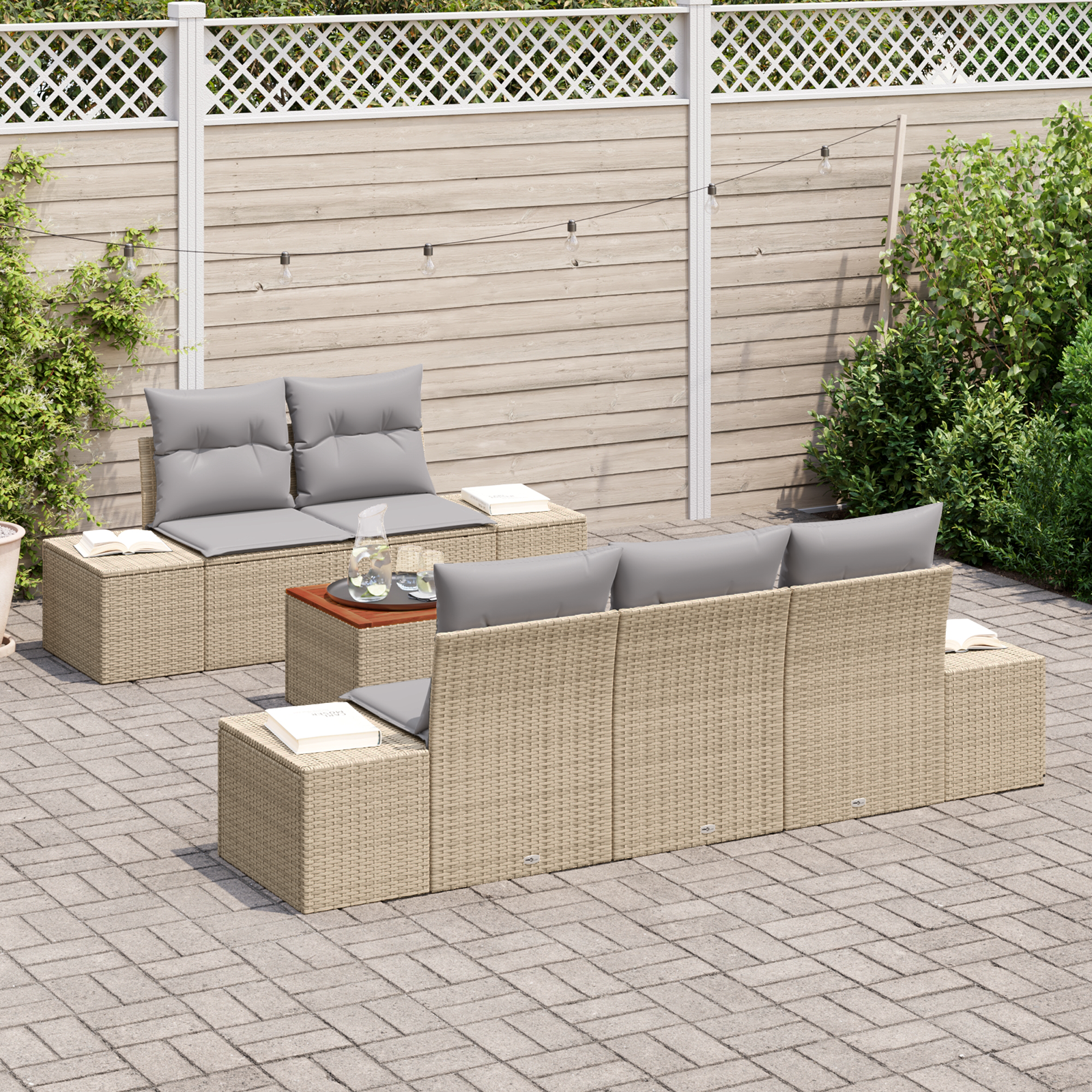 vidaXL 6-delige Tuinbankenset met kussens poly rattan acaciahout beige