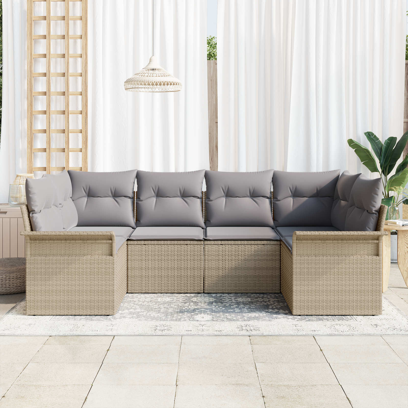 vidaXL 6-delige tuinset met kussens in beige poly rattan