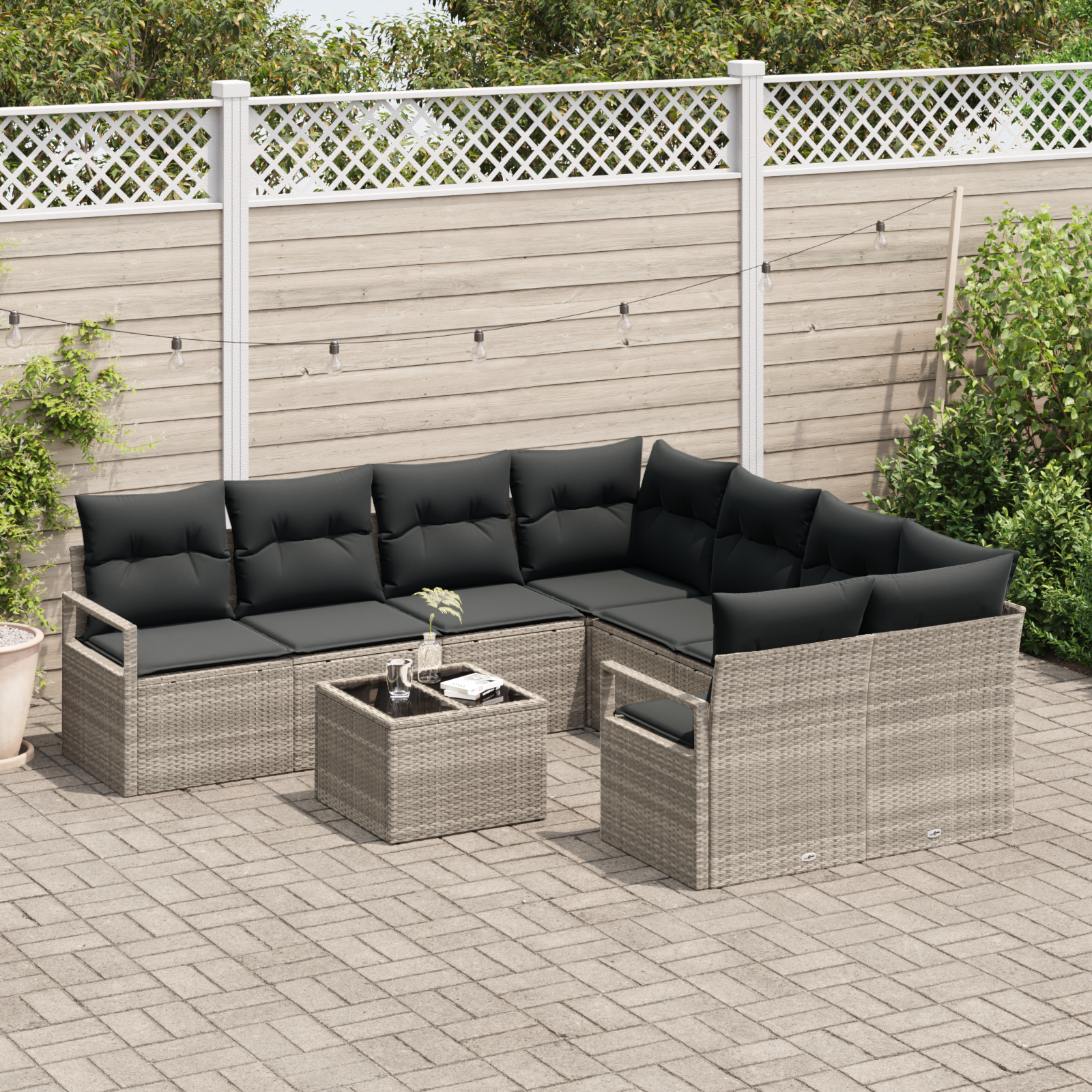 vidaXL 9-delige Tuinbankenset met kussens poly rattan lichtgrijs