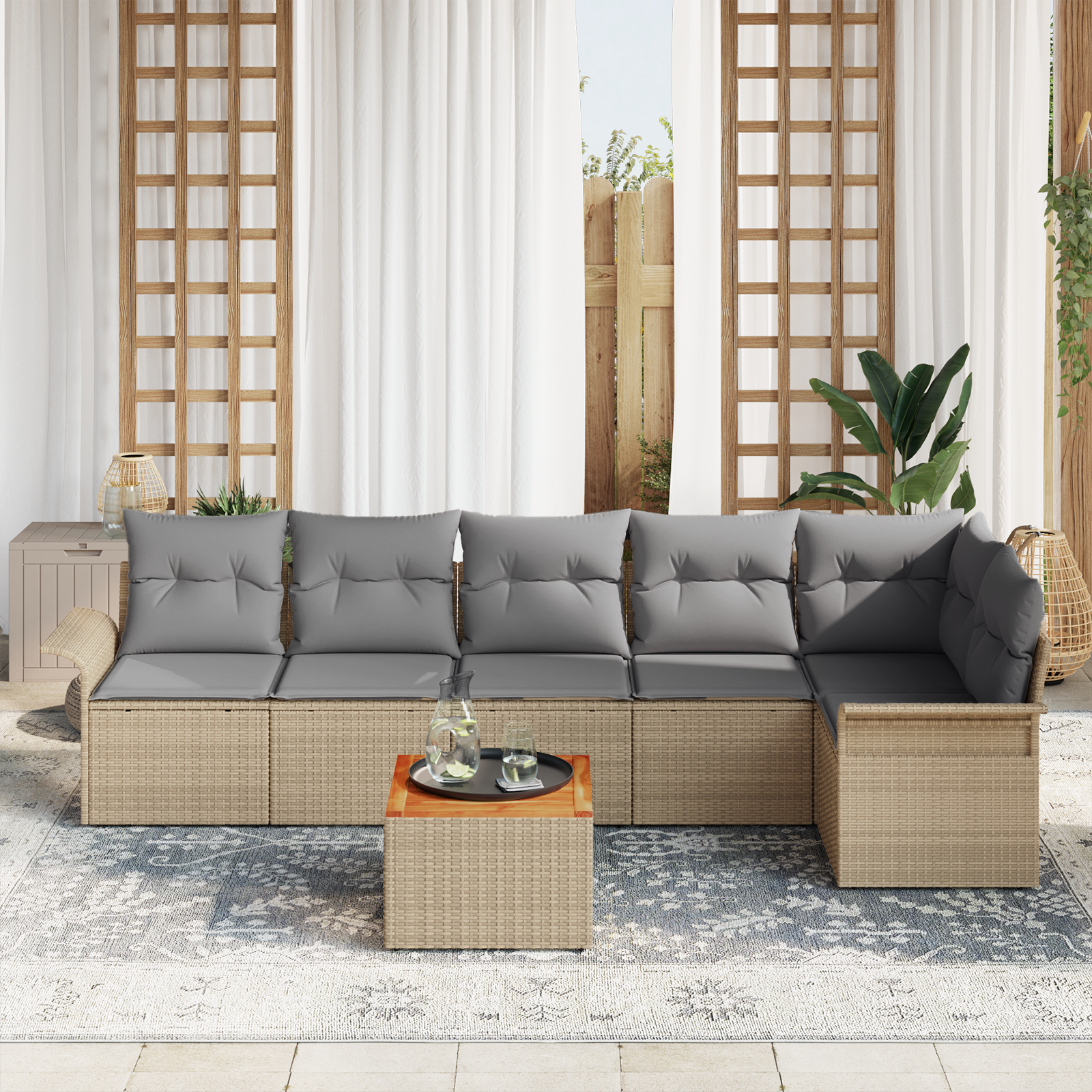 vidaXL 7-delige tuinset met kussens in beige poly rattan en acacia