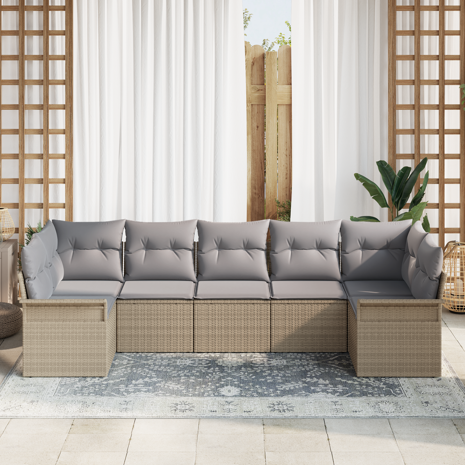 vidaXL 7-delige Tuinbankenset met kussens poly rattan beige