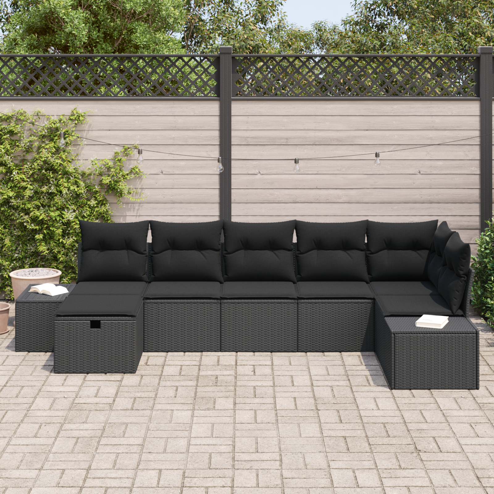vidaXL 7-delige Tuinbankenset met kussens poly rattan zwart