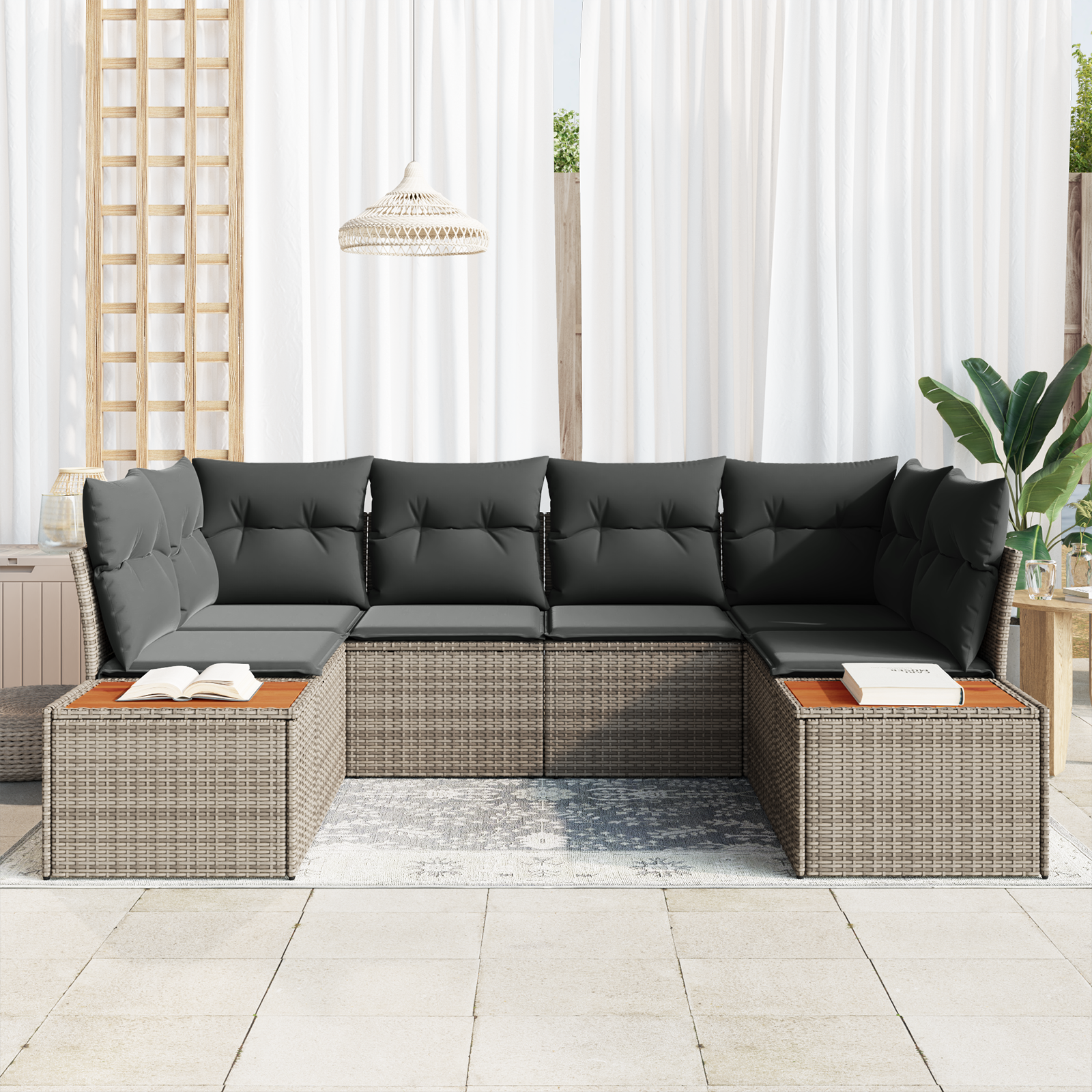 vidaXL 6-delige tuinset met kussens grijs poly rattan acacia