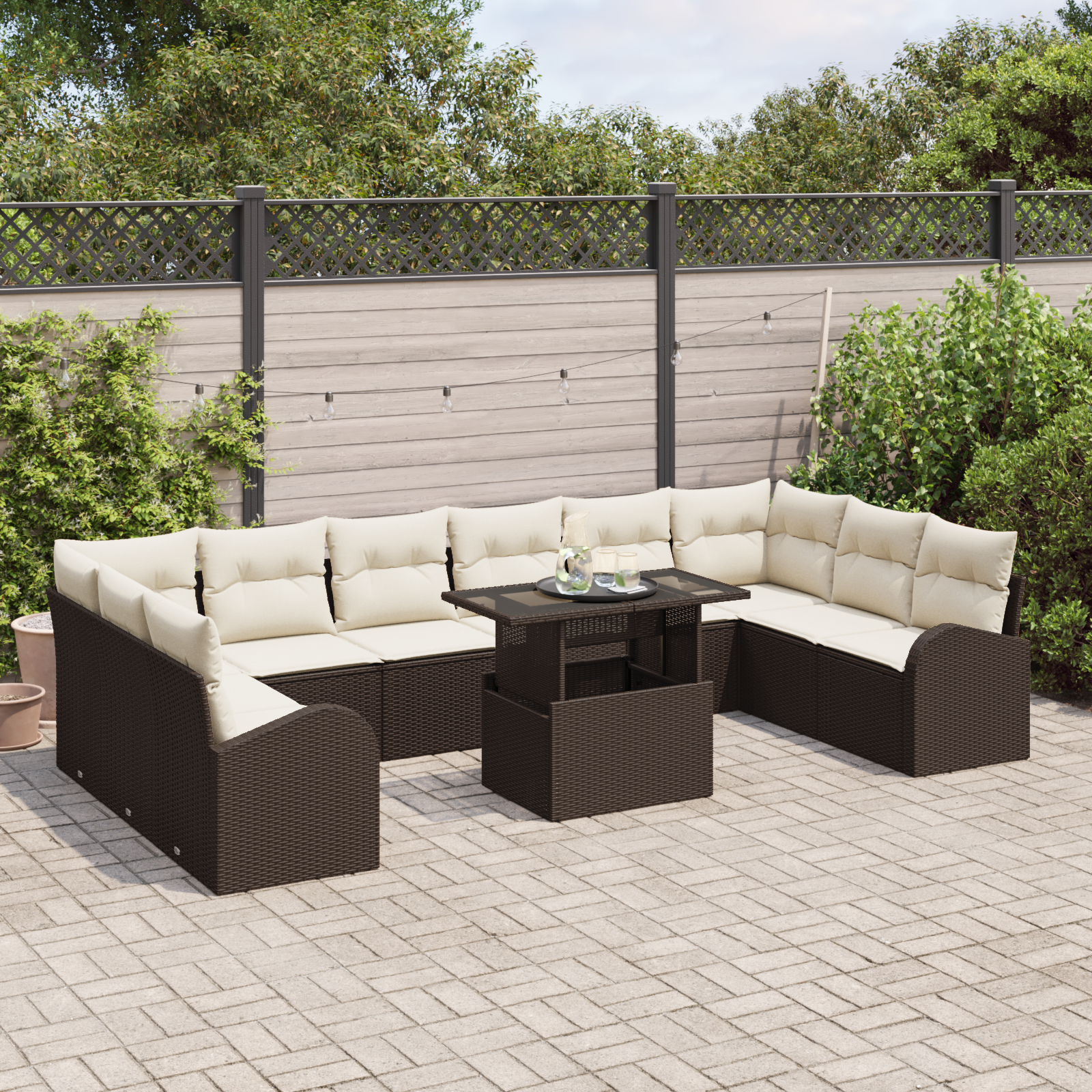 vidaXL 11-delige Tuinbankenset met kussens poly rattan bruin