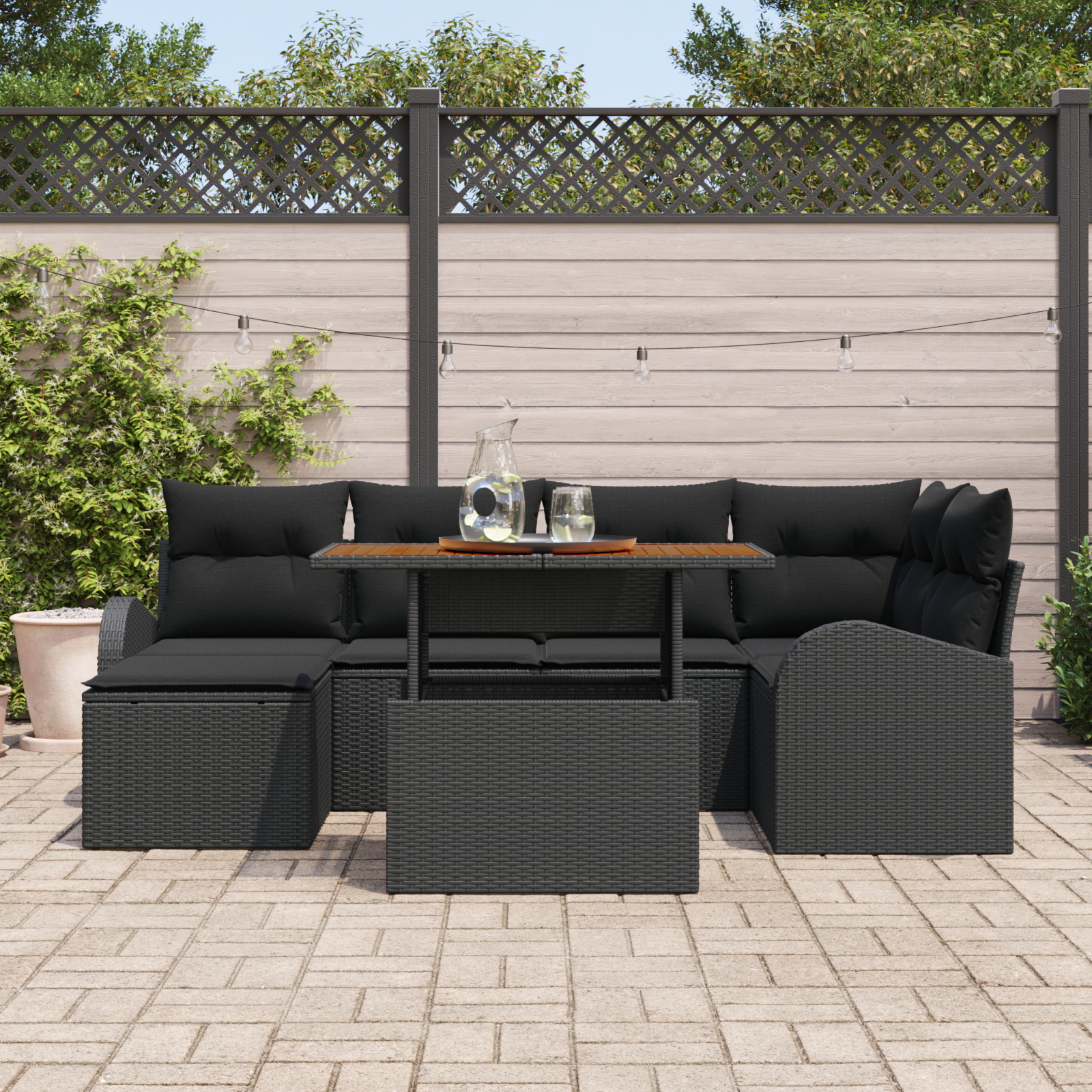 vidaXL 7-delige tuinset met kussens - zwart poly rattan en acacia