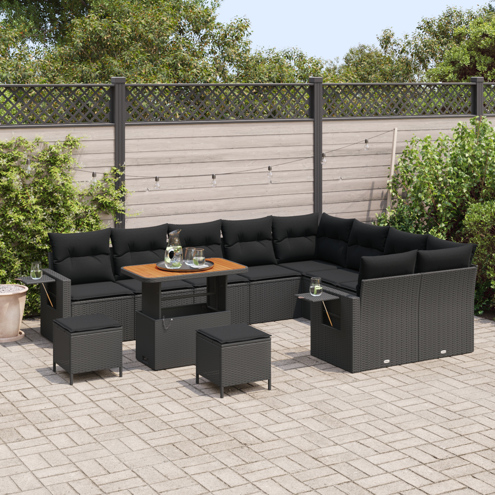 vidaXL 12-delige tuinset met kussens - zwart poly rattan en acaciahout