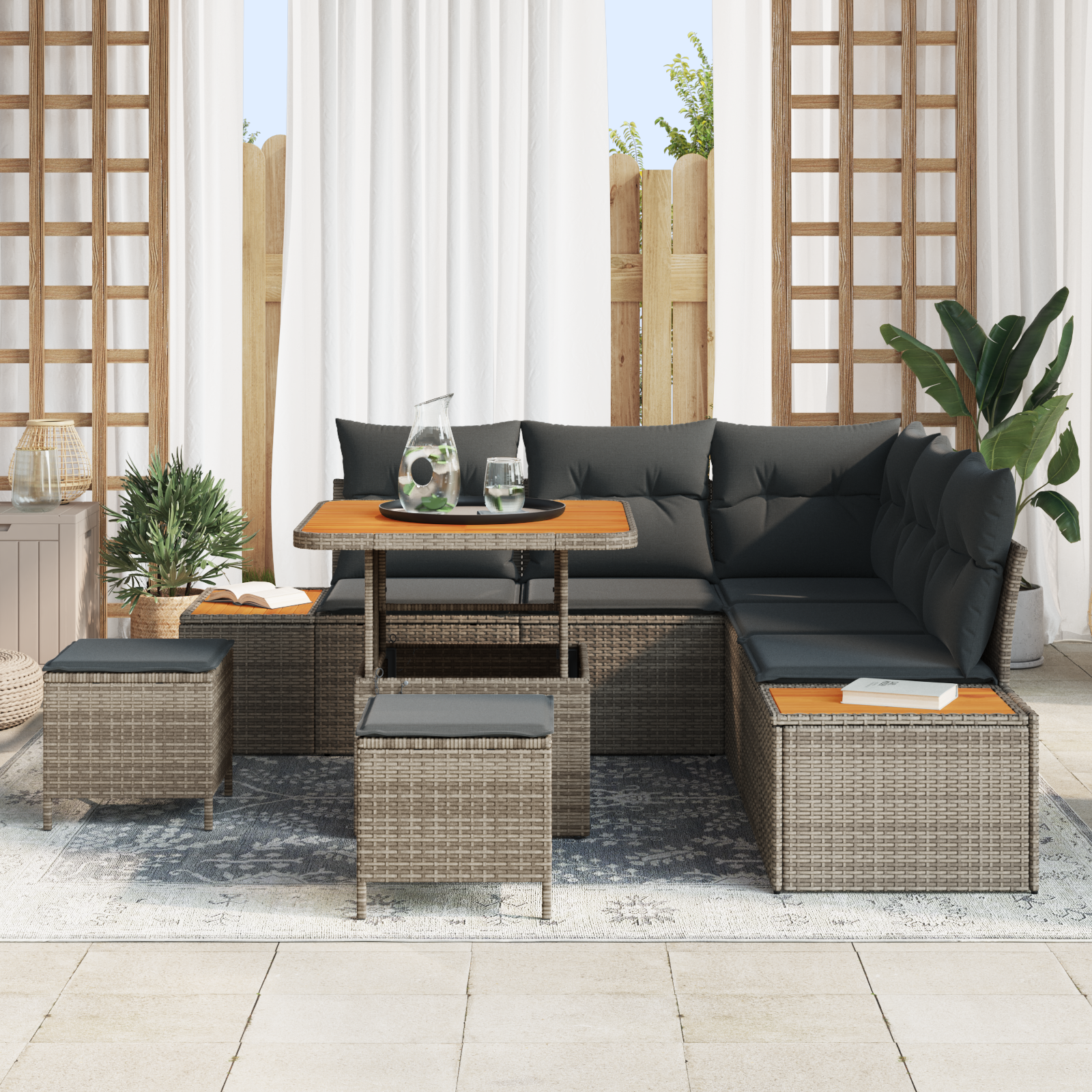vidaXL 8-delige tuinset met kussens in grijs poly rattan en acacia