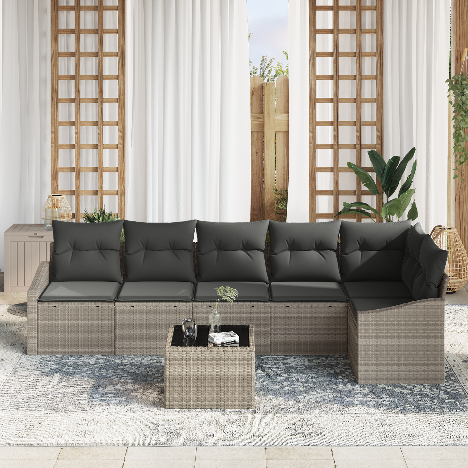 vidaXL 7-delige Tuinset met kussens poly rattan grijs