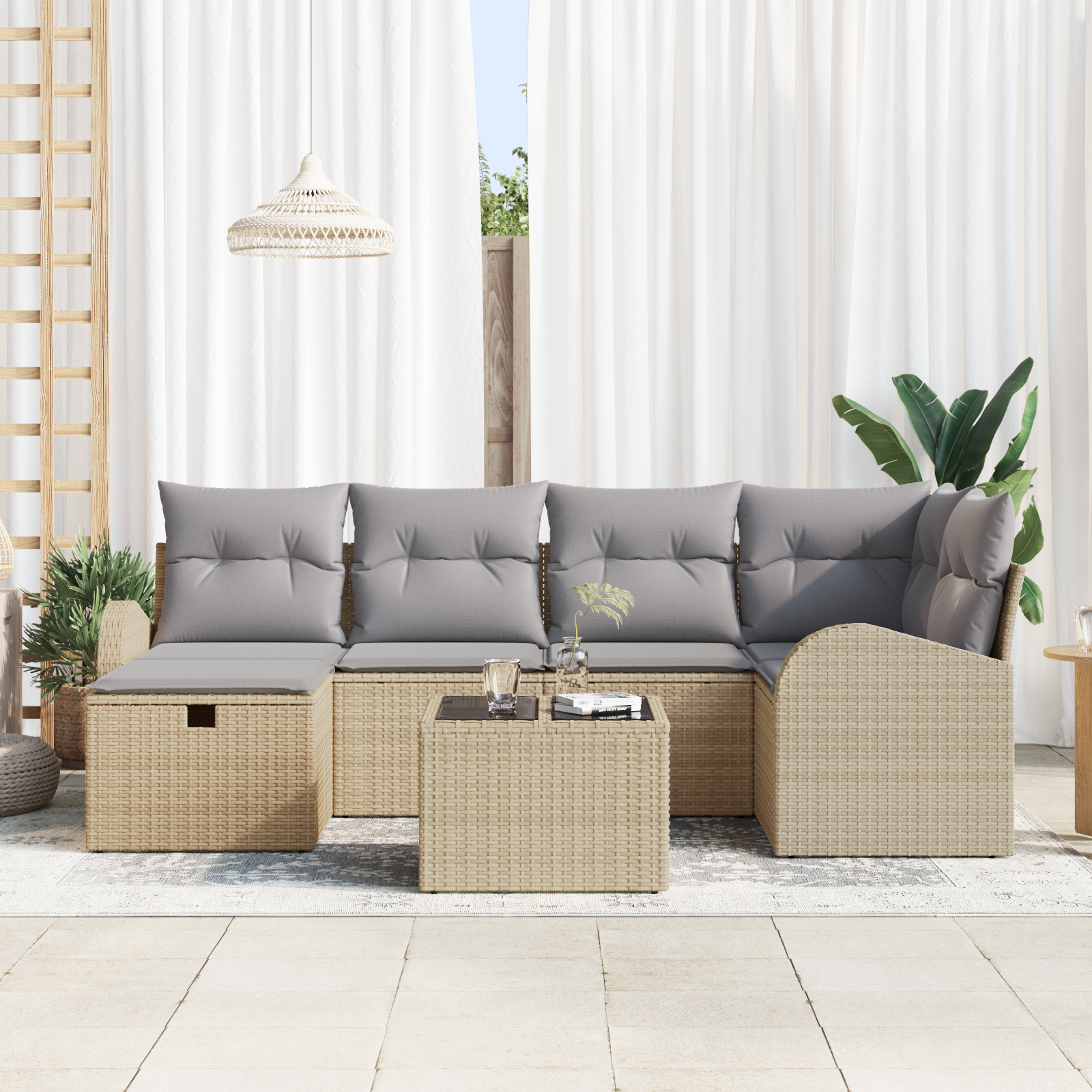 vidaXL 7-delige tuinset met kussens in beige poly rattan