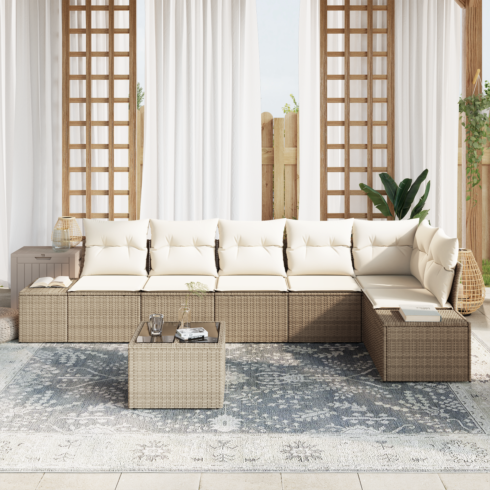 vidaXL 7-delige Tuinbankenset met kussens poly rattan bruin