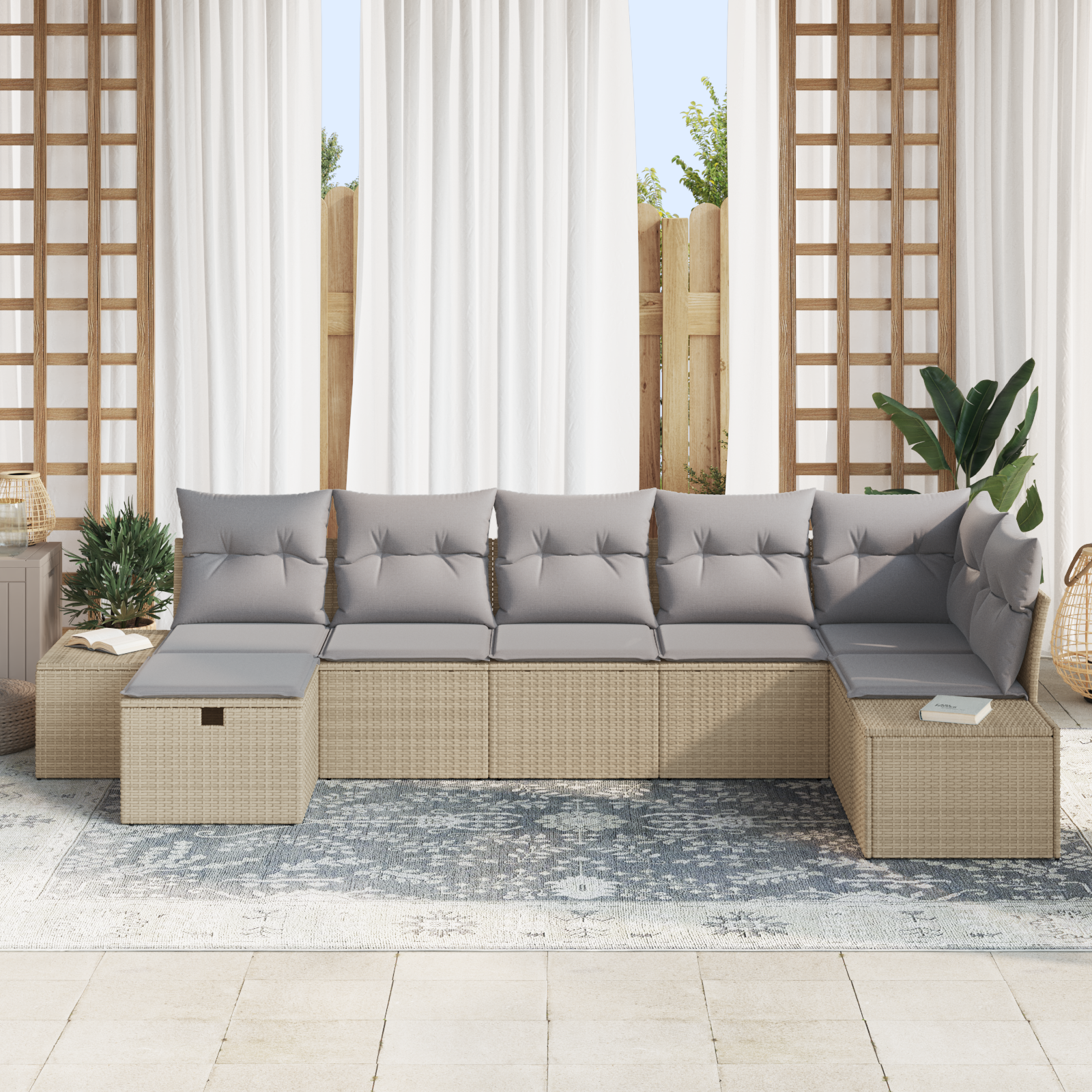 vidaXL 7-delige Tuinbankenset met kussens poly rattan beige