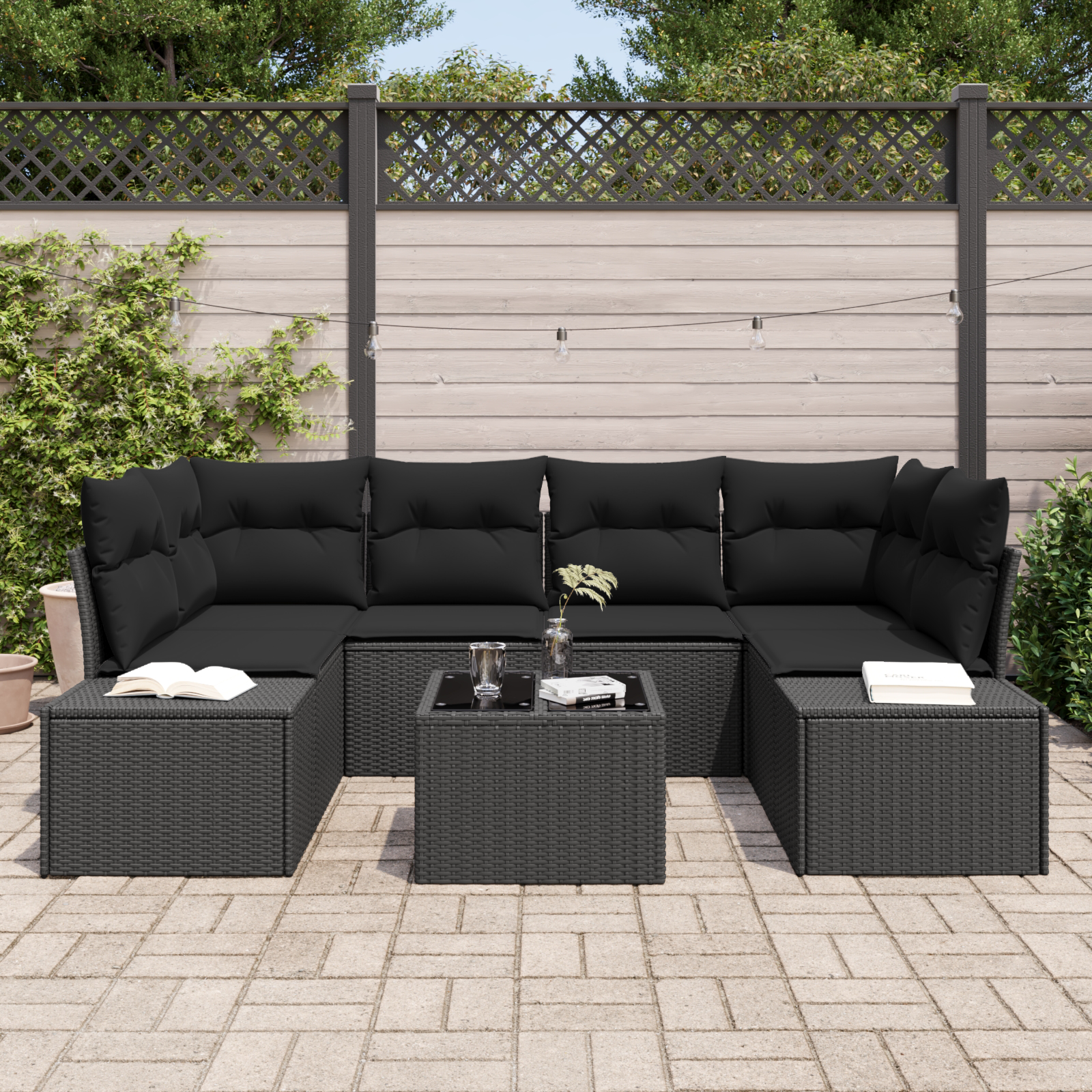 vidaXL 7-delige Tuinset met Kussens - Zwart Poly Rattan