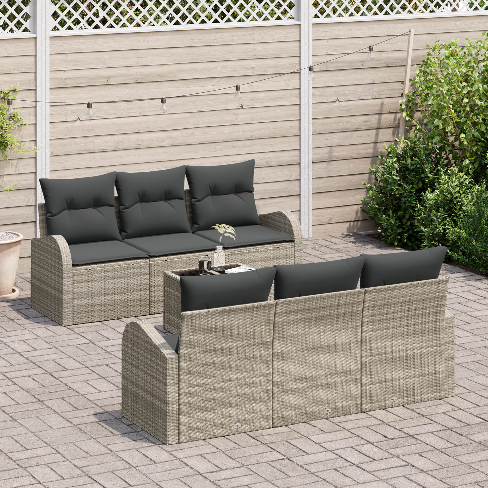 vidaXL 7-delige tuinset met kussens lichtgrijs poly rattan