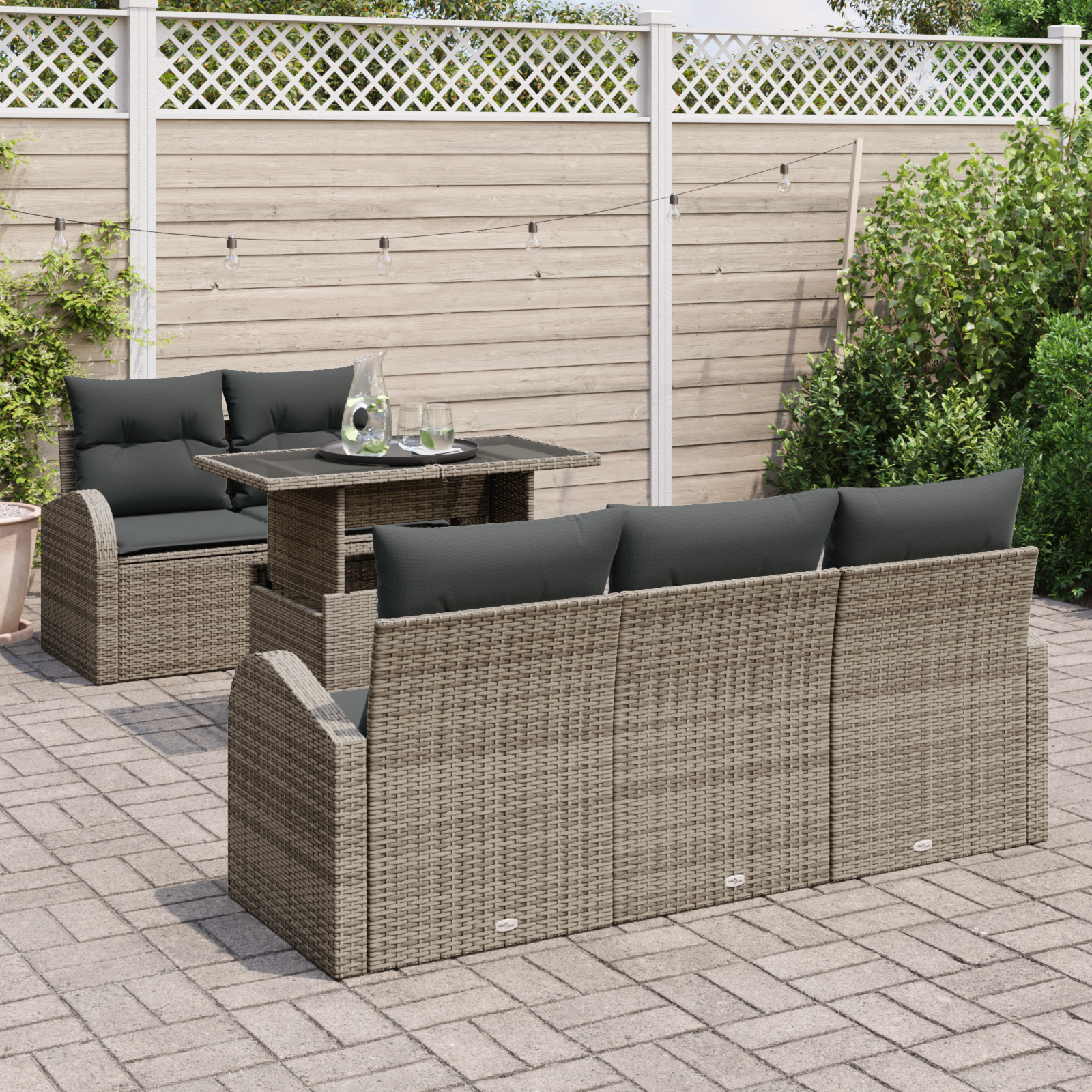 vidaXL 6-delige Tuinbankenset met kussens poly rattan grijs