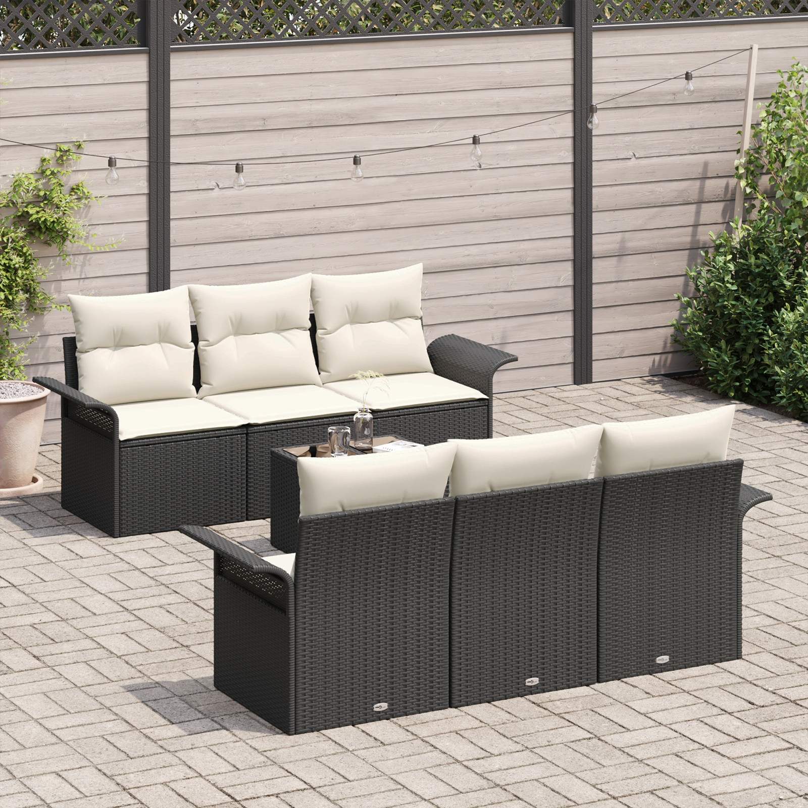 vidaXL 7-delige Tuinbankenset met kussens poly rattan zwart