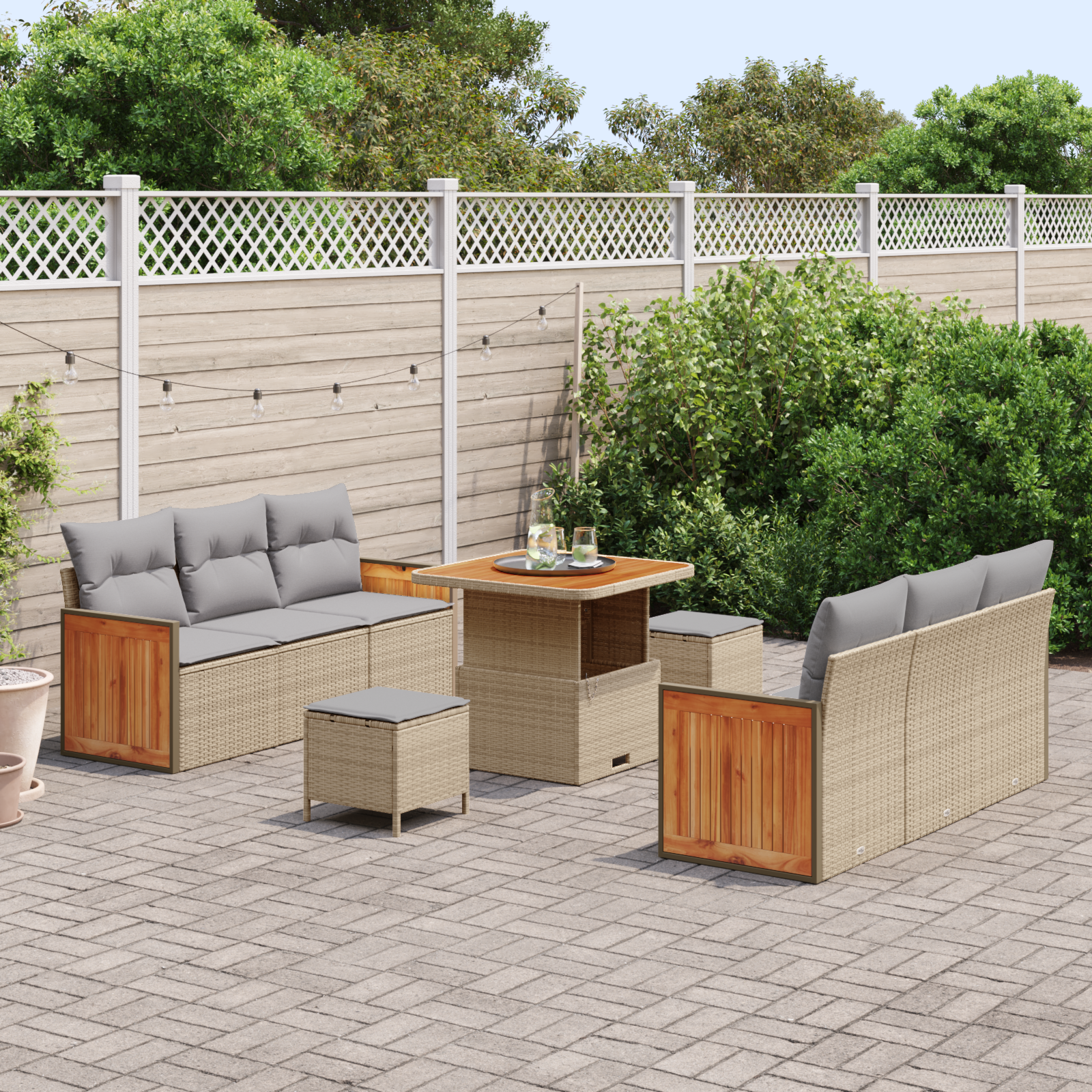 vidaXL 9-delige Tuinbankenset met kussens poly rattan acacia beige