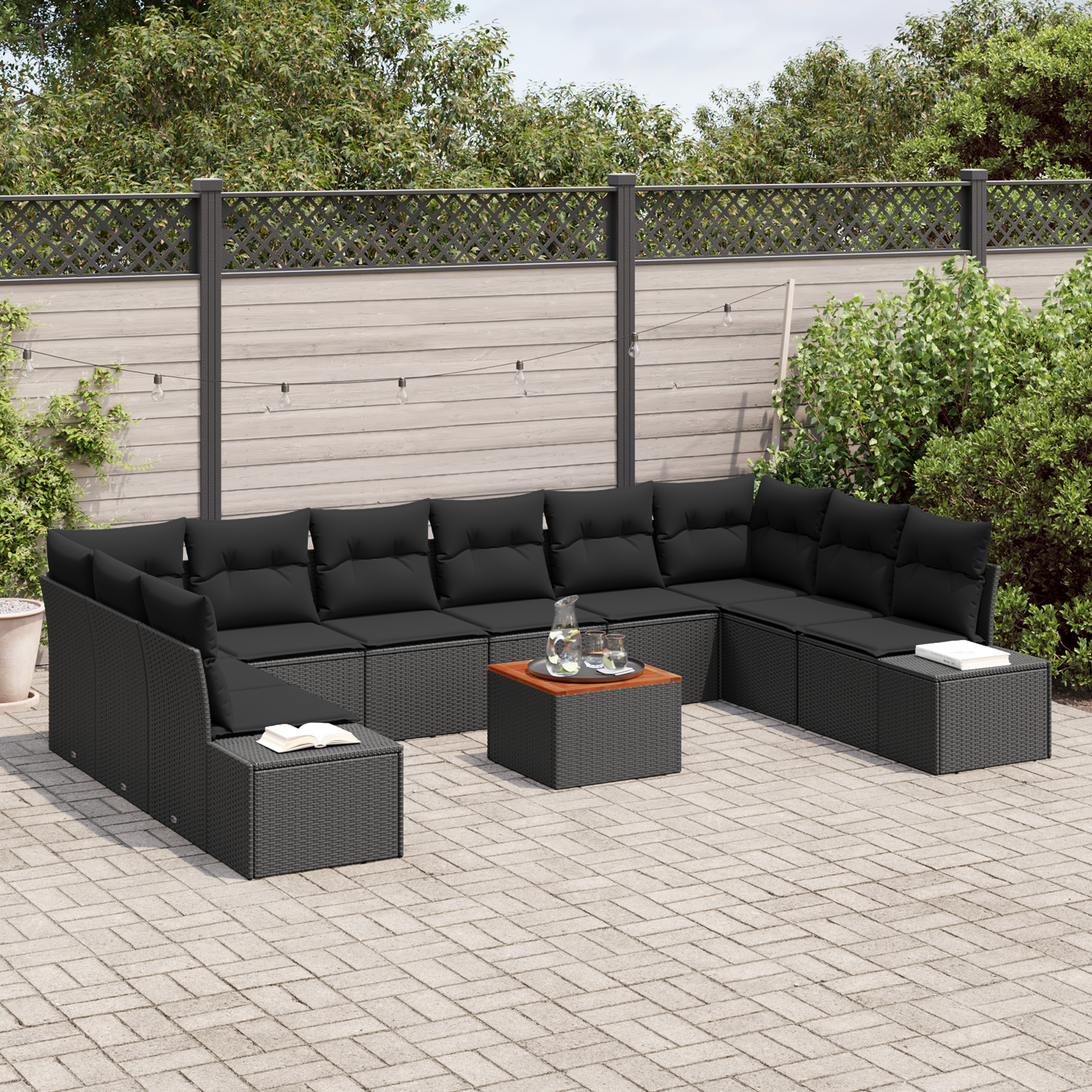 vidaXL 11-delige tuinsofa set met kussens - zwart poly rattan en acacia