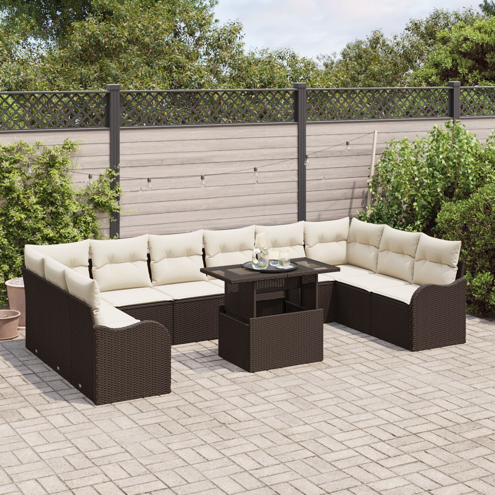 vidaXL 11-delige Tuinbankenset met kussens poly rattan bruin