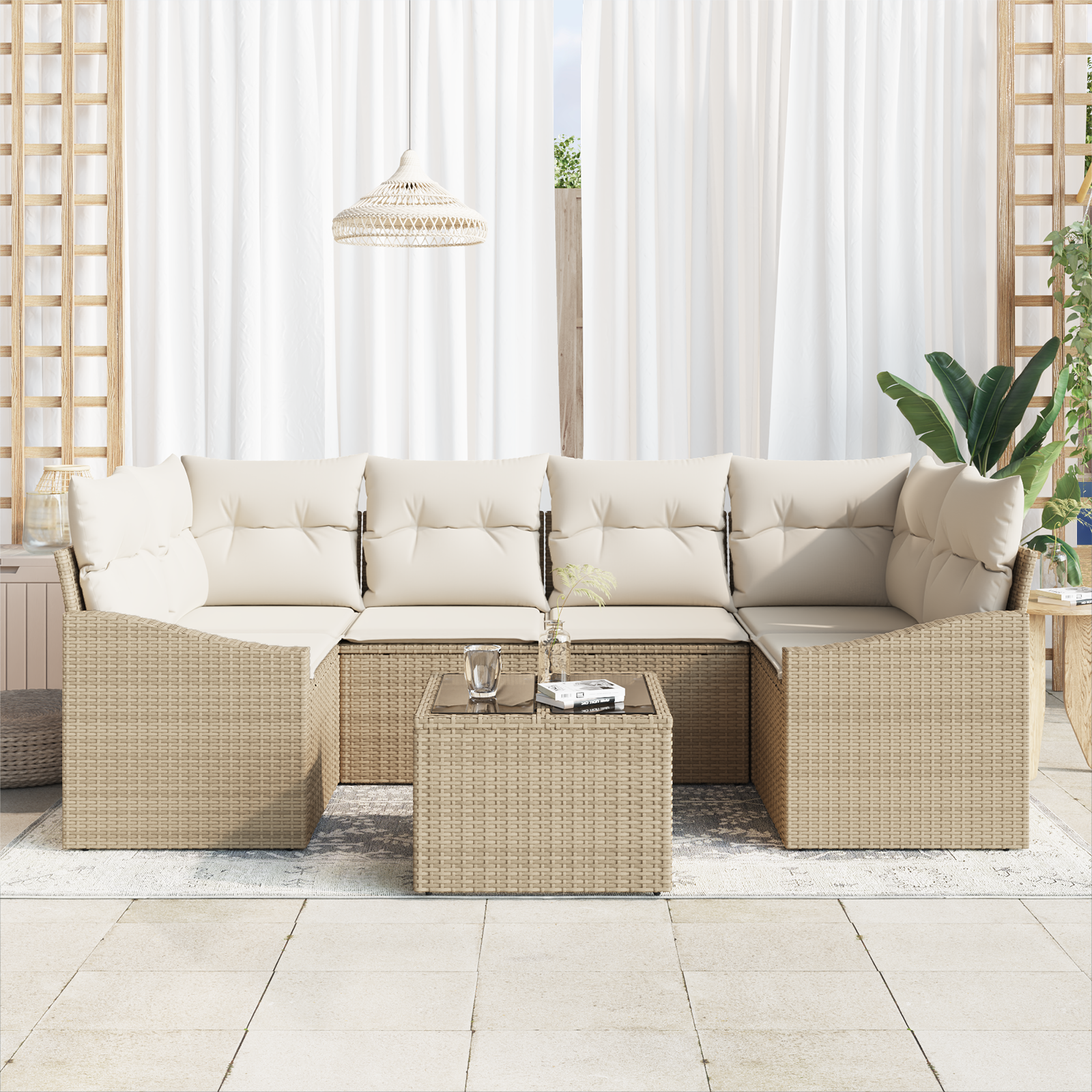 vidaXL 7-delige Tuinbankenset met kussens poly rattan beige