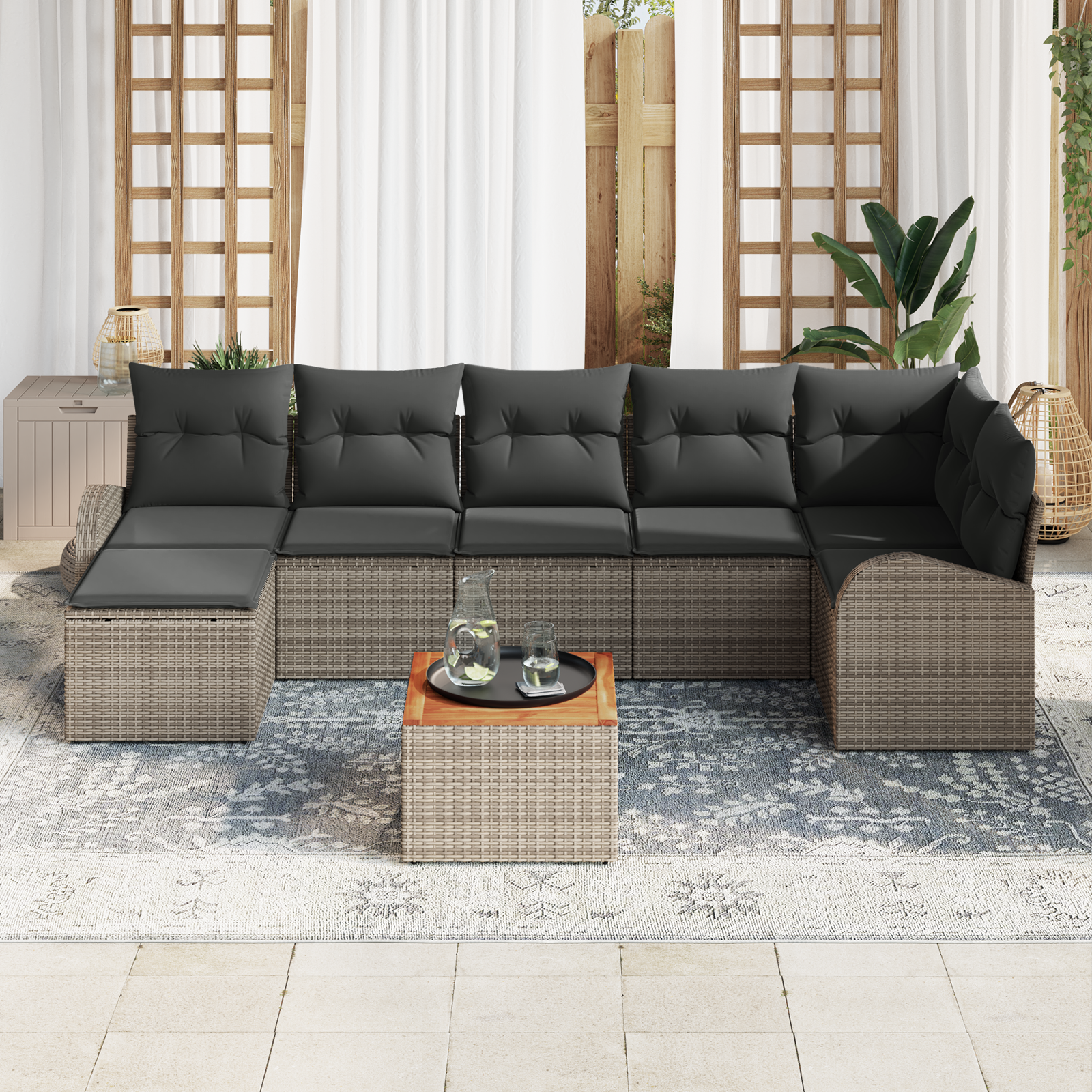 vidaXL 8-delige Tuinbankenset met kussens poly rattan acaciahout grijs