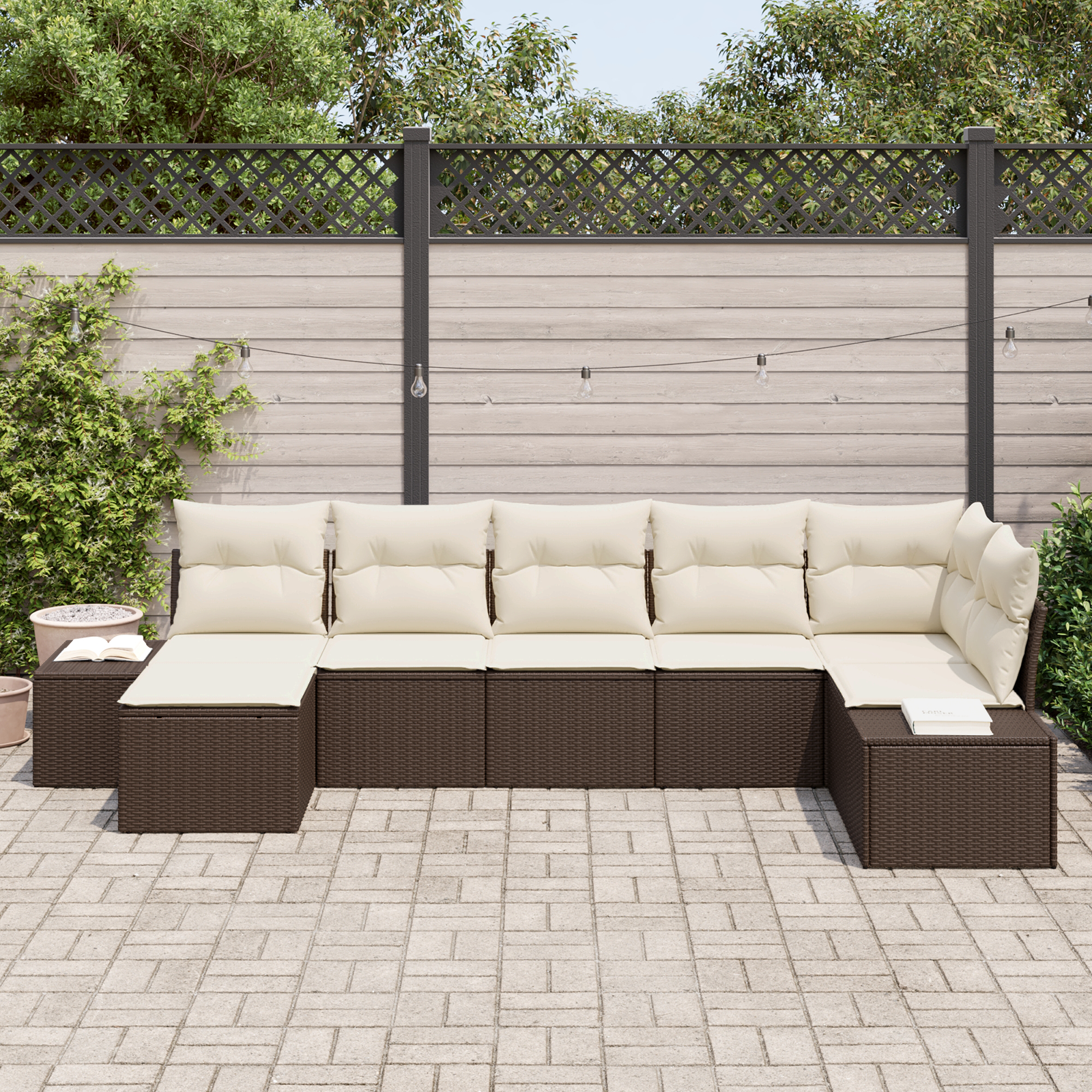 vidaXL 7-delige Tuinbankenset met kussens poly rattan bruin