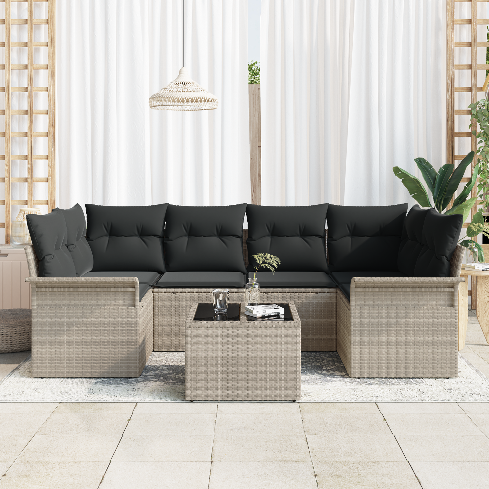 vidaXL 7-delige Tuinbankenset met kussens poly rattan lichtgrijs