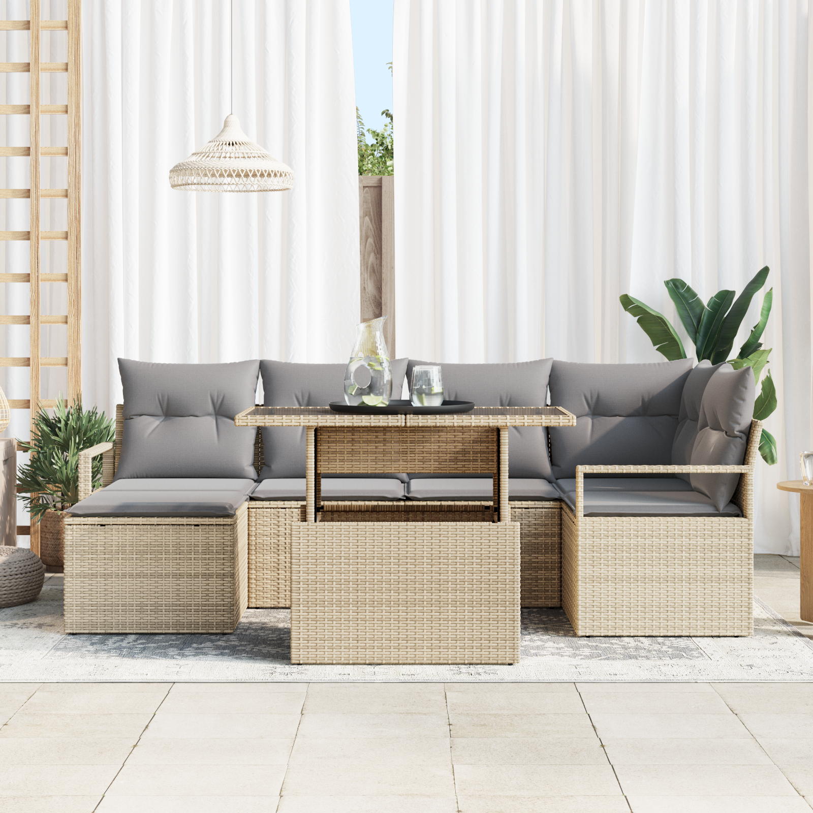 vidaXL 7-delige tuinbankset met kussens in Beige Poly Rattan