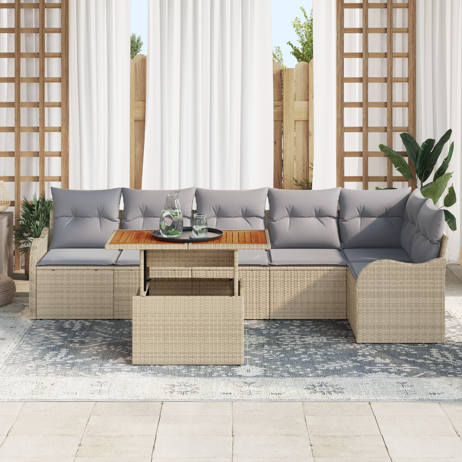 vidaXL 7-delige tuinset met kussens in beige, poly rattan en acacia