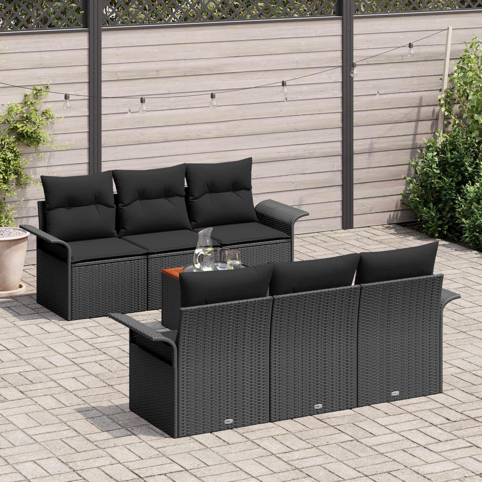 vidaXL 7-delige tuinset met kussens in zwart poly rattan en acacia