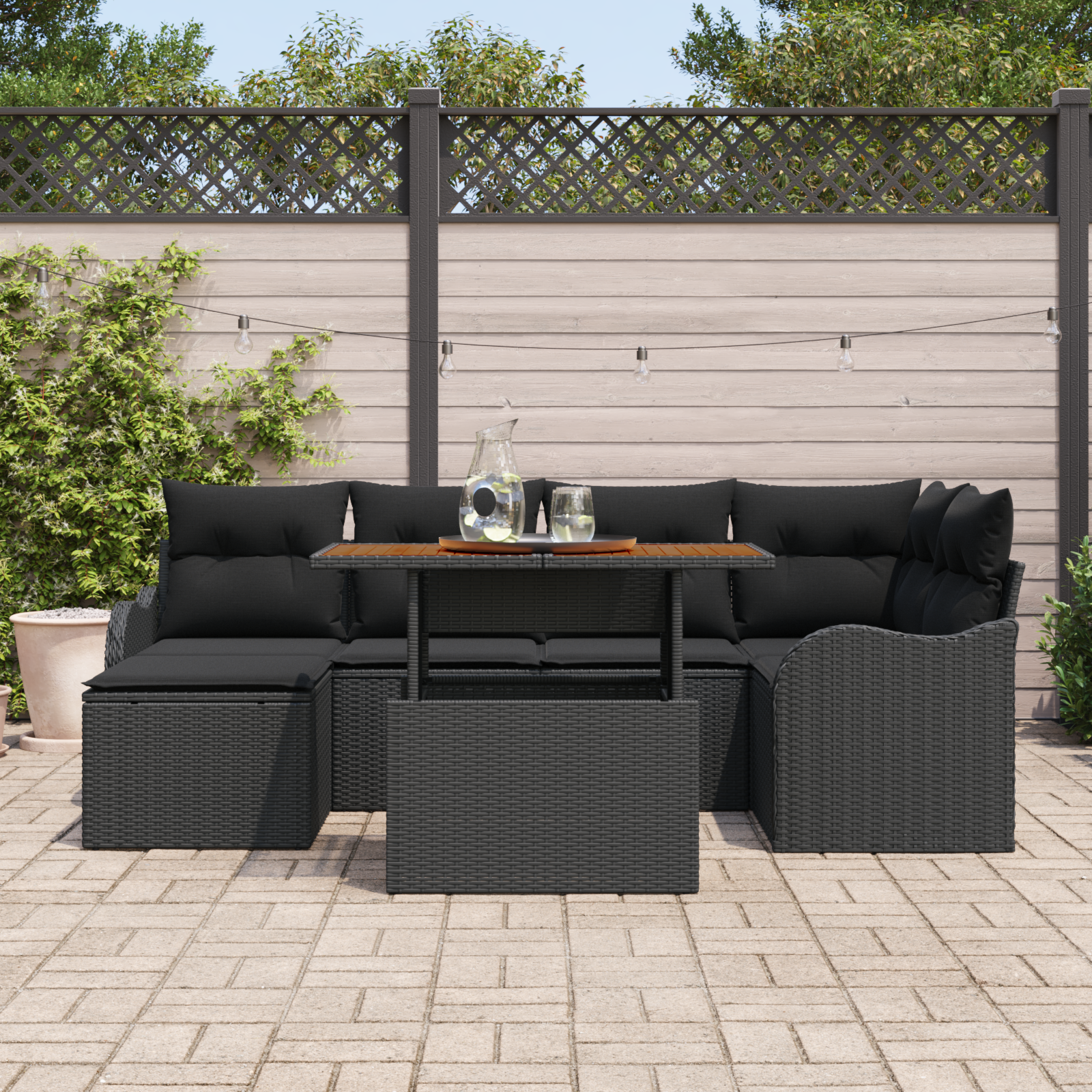 vidaXL 7-delige tuinbankset met kussens zwart poly riet acacia