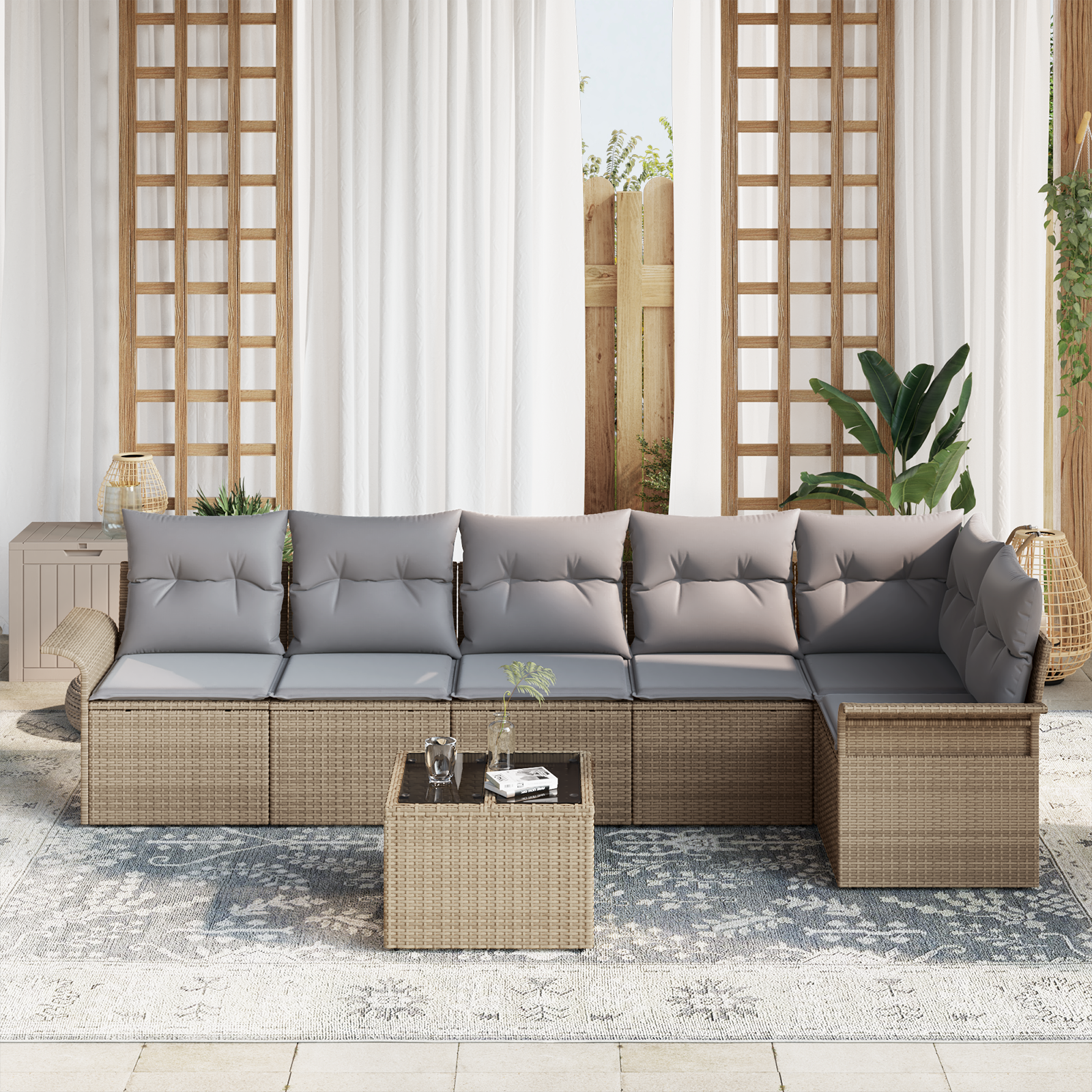 vidaXL 7-delige Tuinbankenset met kussens poly rattan zwart