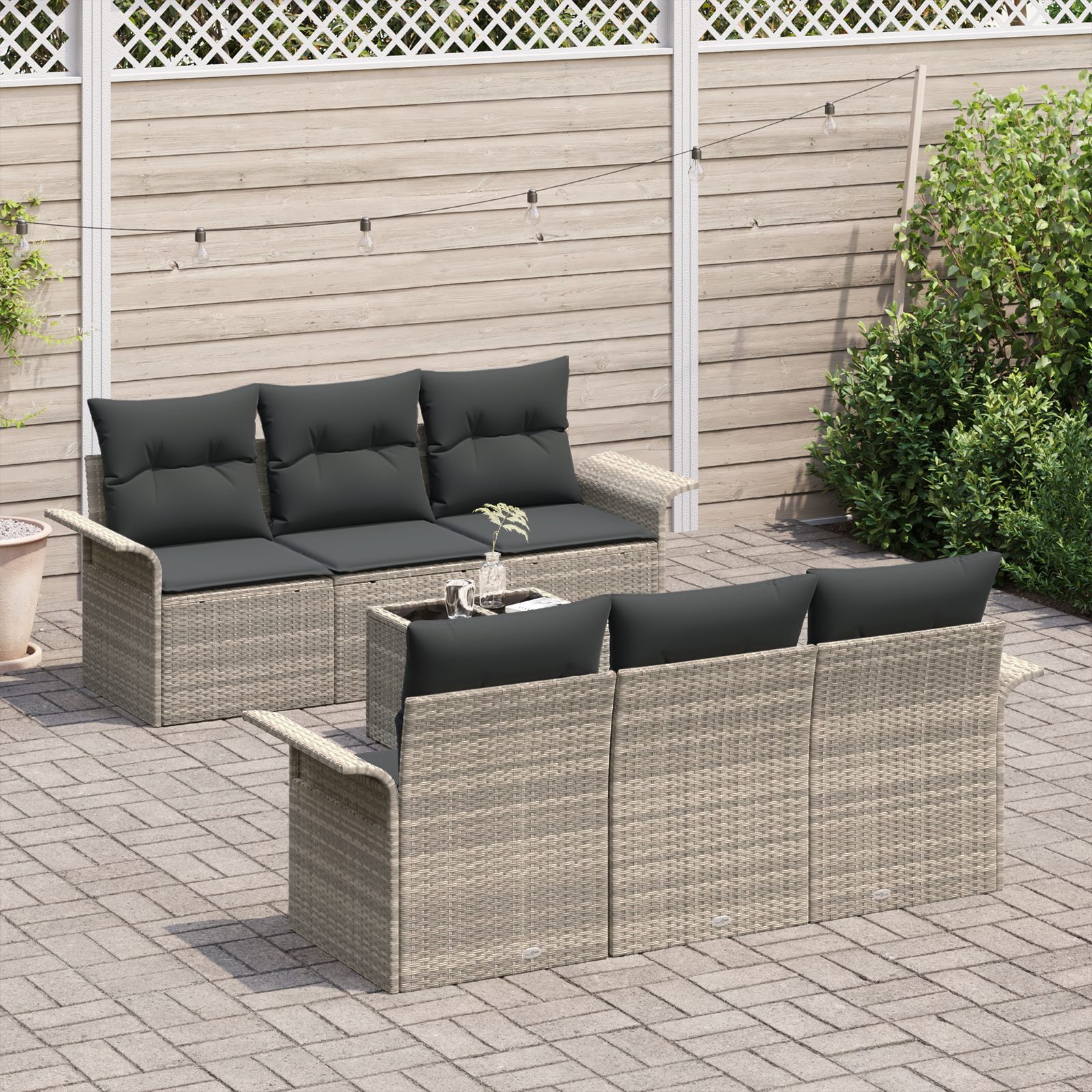 vidaXL 7-delige tuinset met kussens lichtgrijs poly rattan
