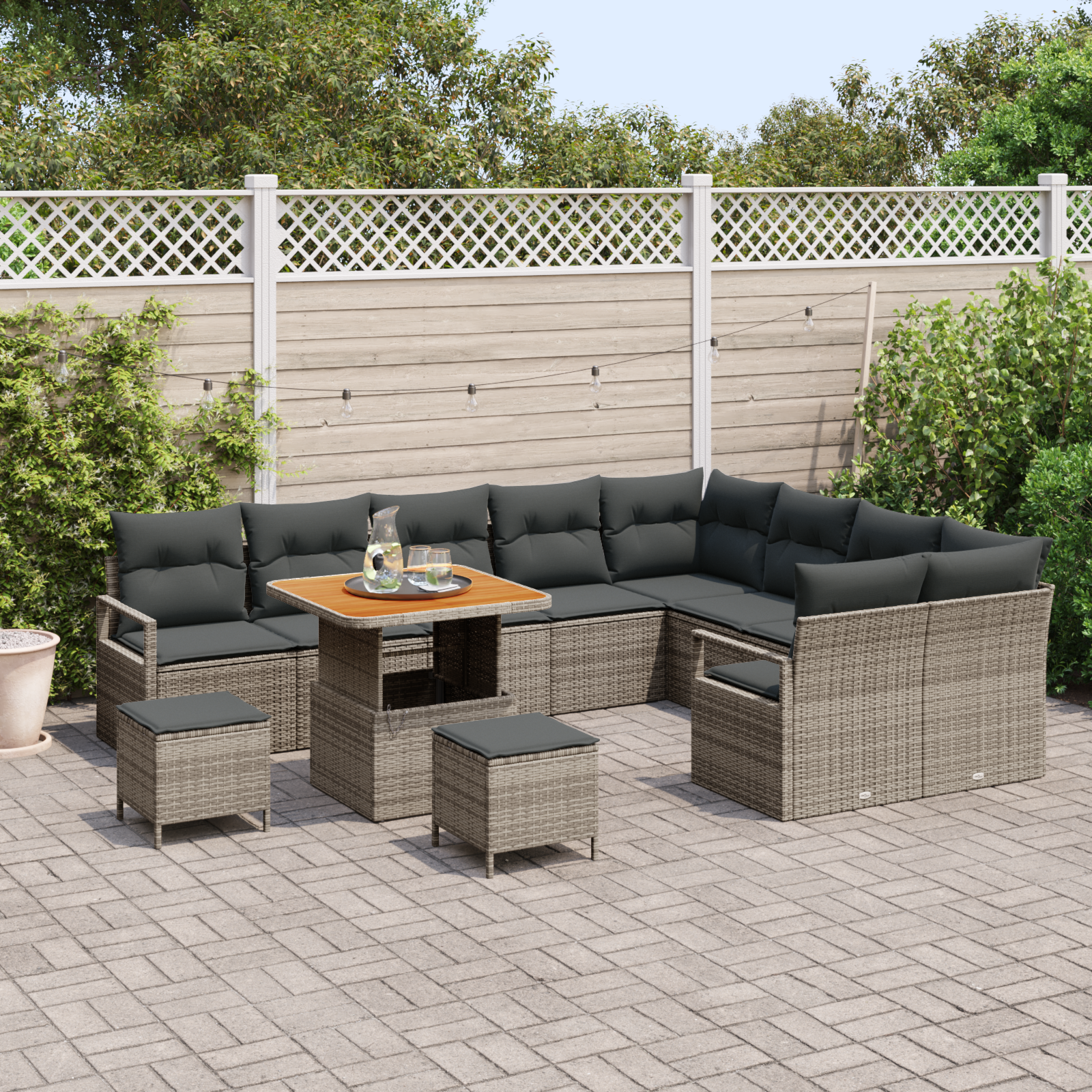 vidaXL 12-delige Tuinbankenset met kussens poly rattan acacia grijs