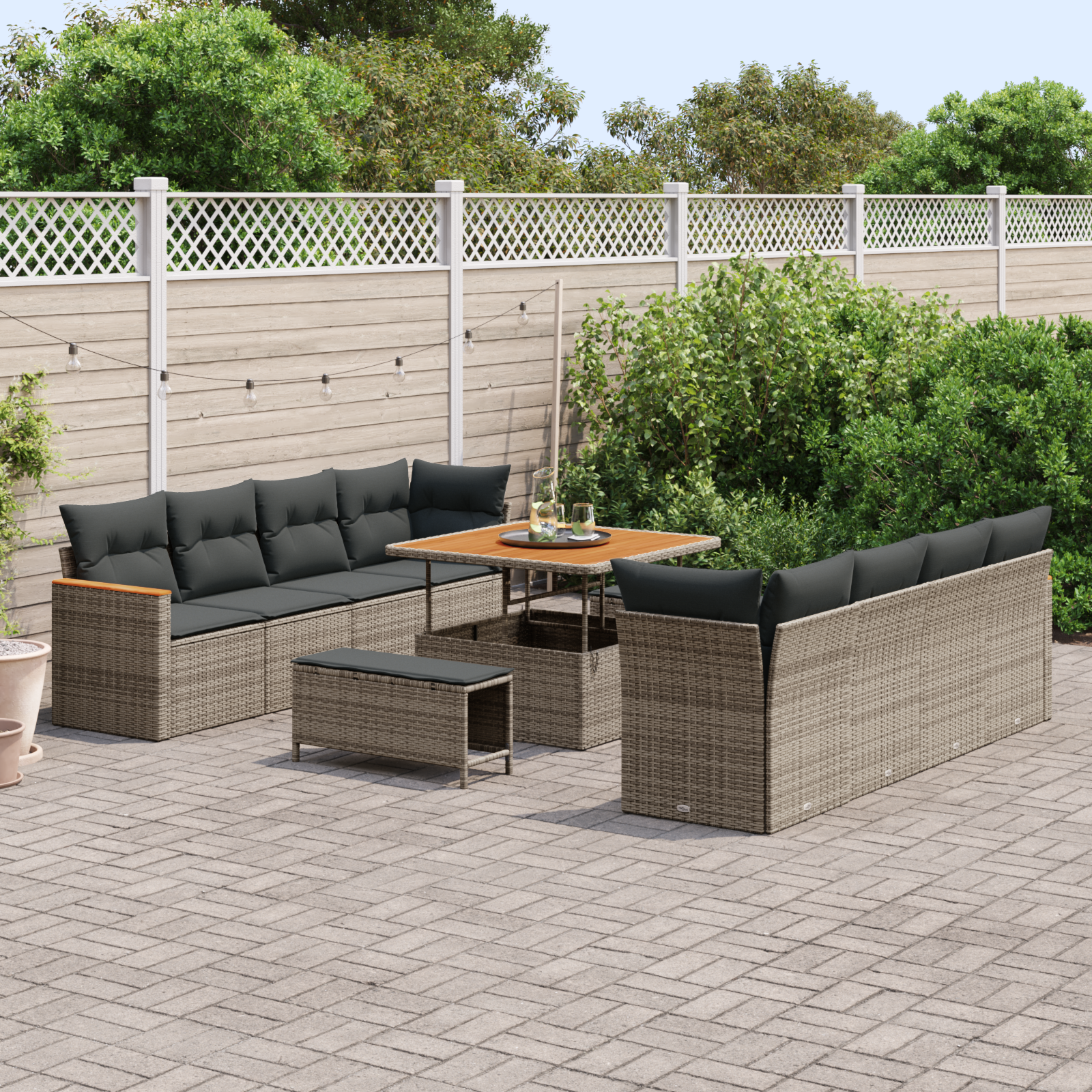 vidaXL 11-delige Tuinbankenset met kussens poly rattan acacia grijs