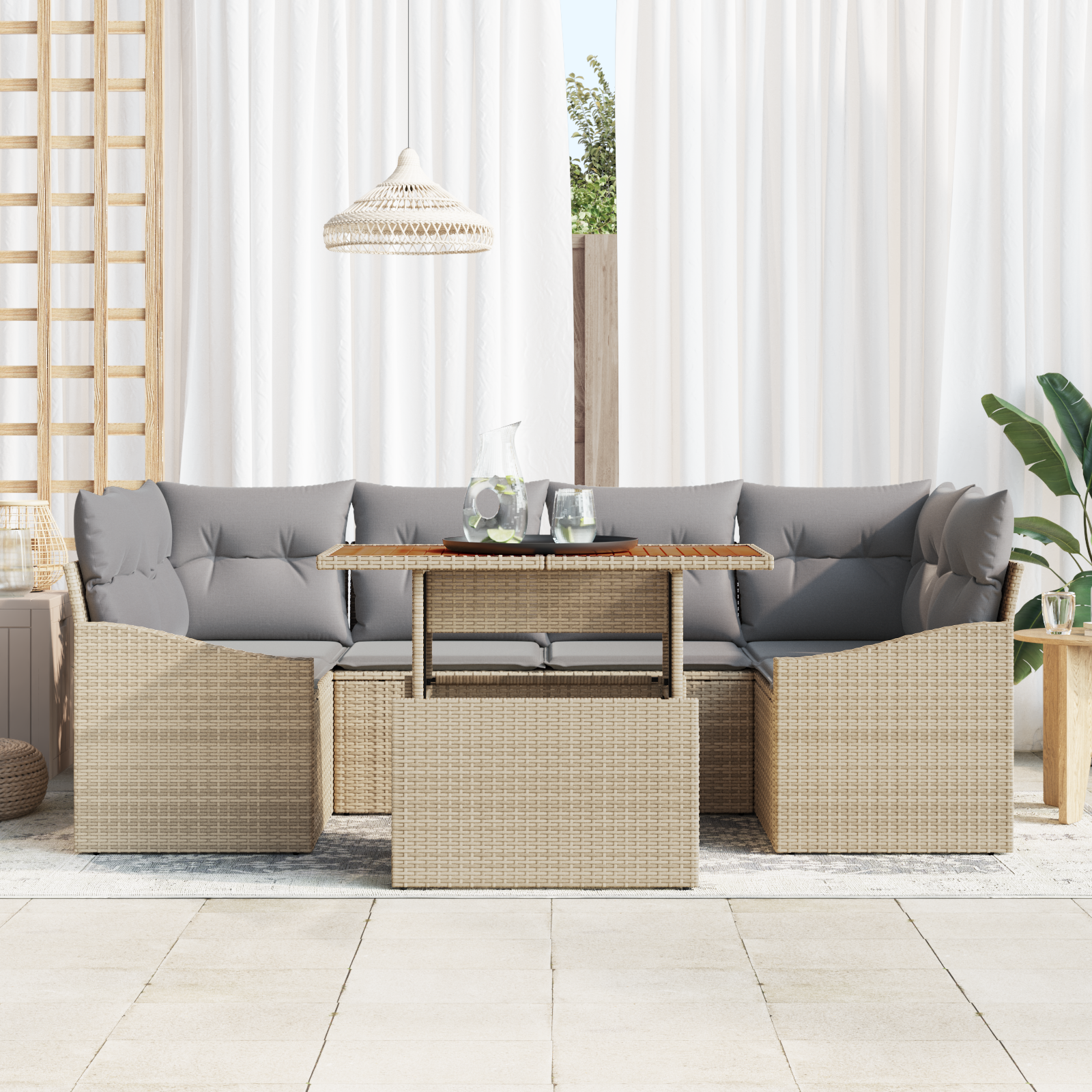 vidaXL 7-delige tuinset met kussens in beige poly rattan en acacia