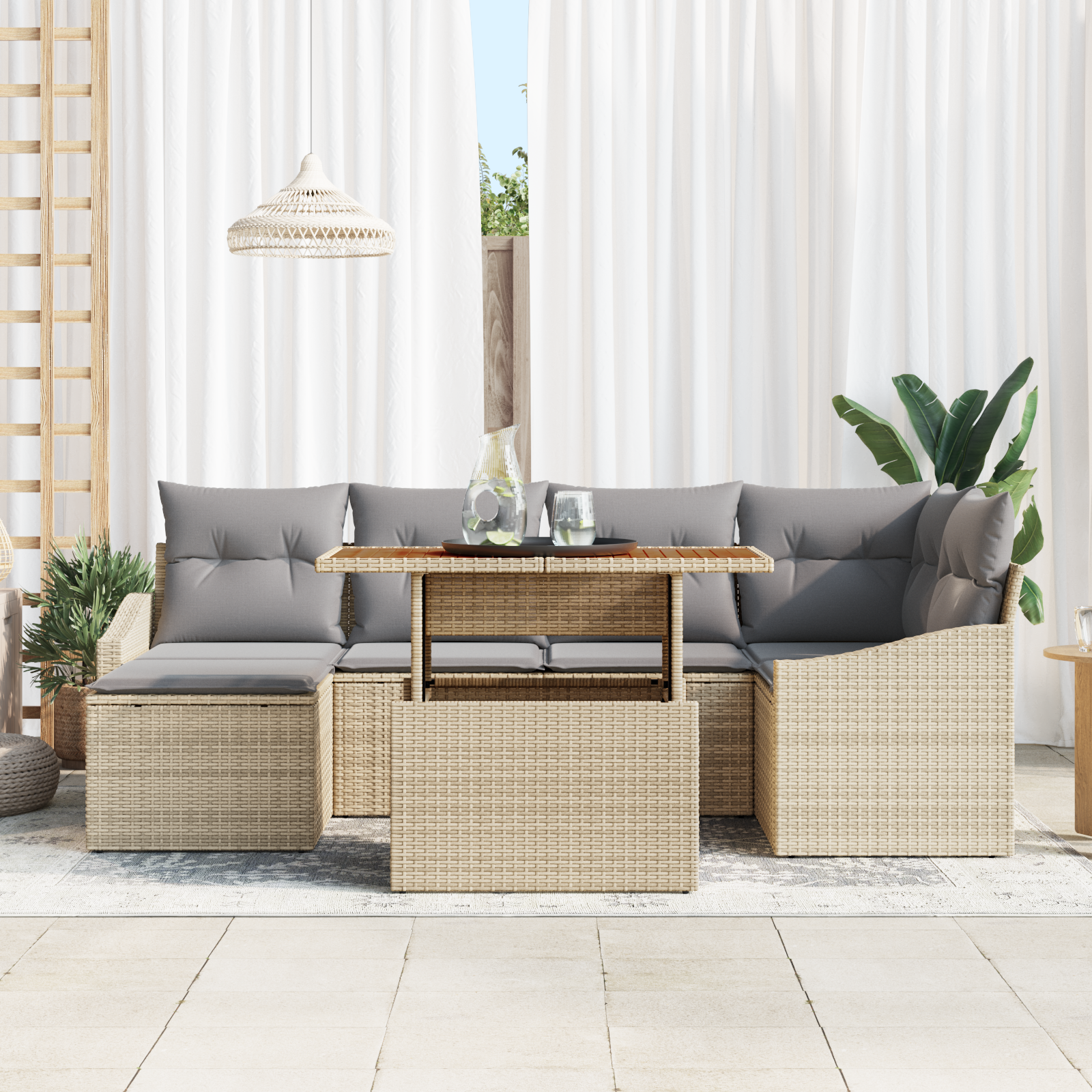 vidaXL 7-delige tuinset met kussens in beige poly rattan en acacia