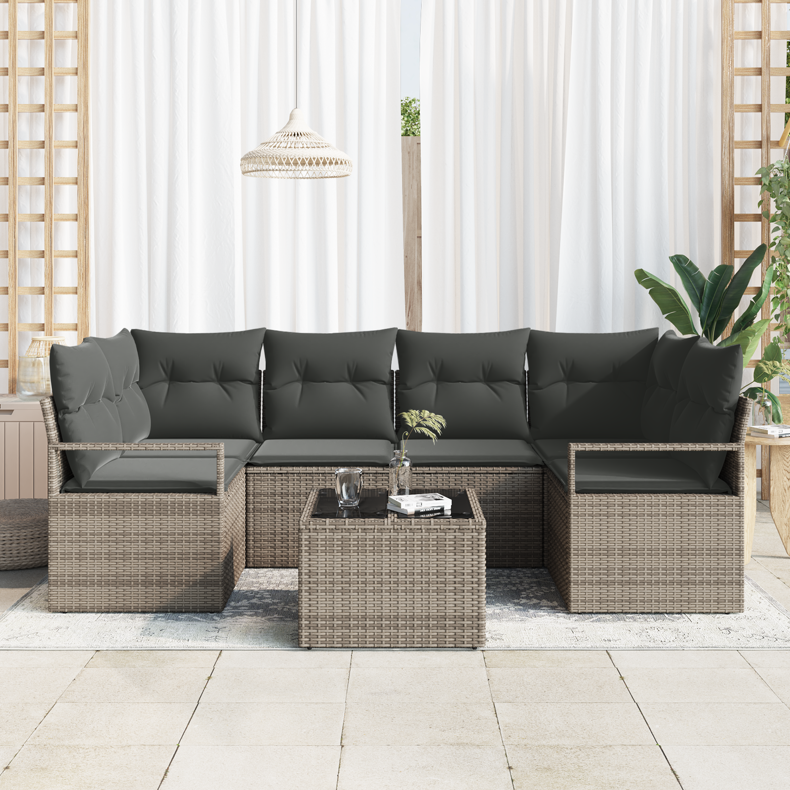 vidaXL 7-delige tuinbankset met kussens grijs poly rattan