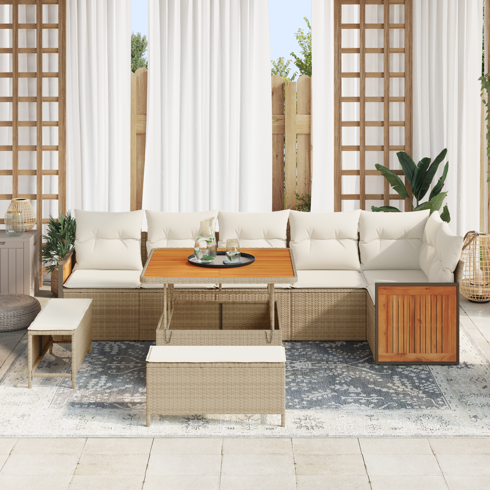 vidaXL 9-delige Tuinbankenset met kussens poly rattan acacia beige