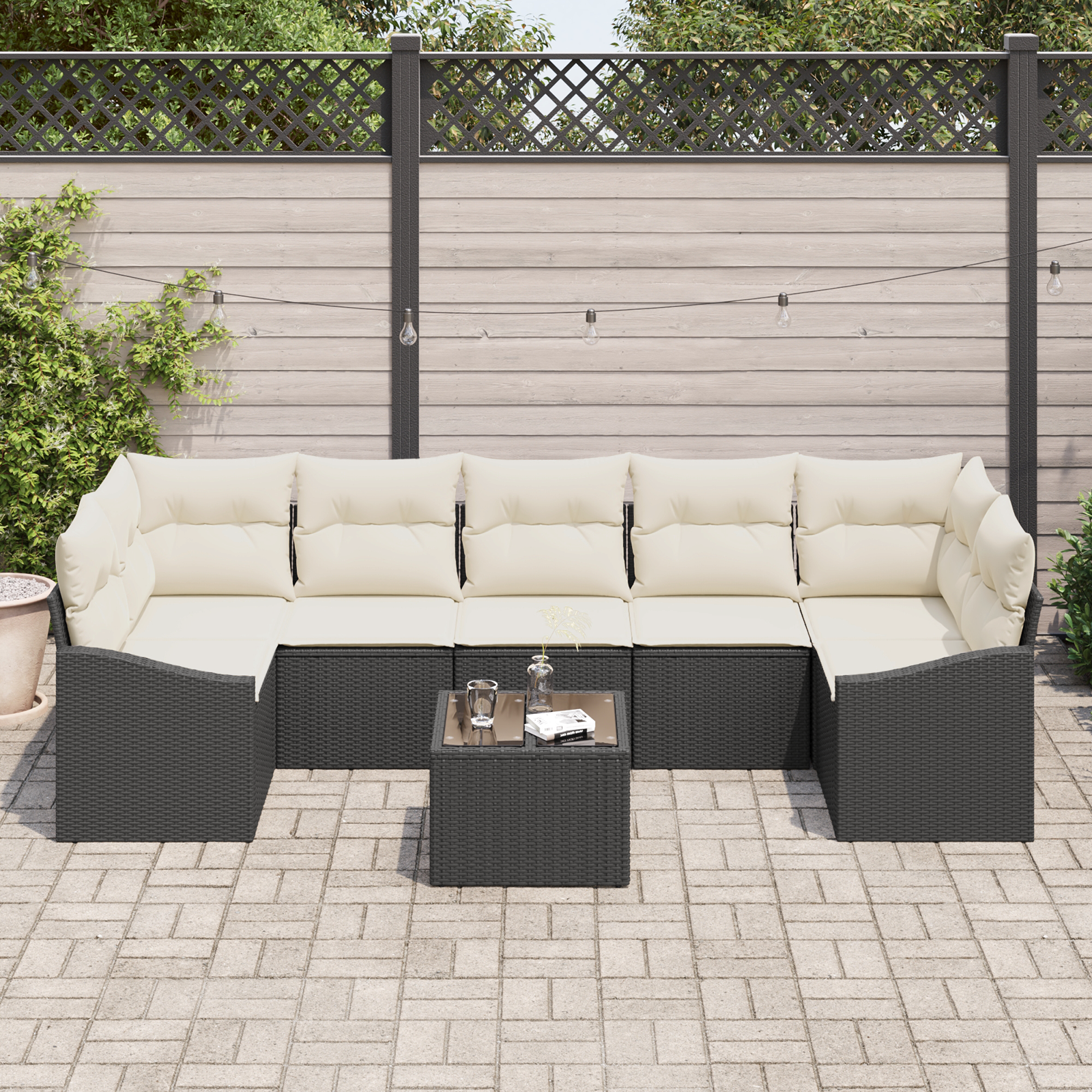vidaXL 8-delige tuinset met kussens zwart poly riet